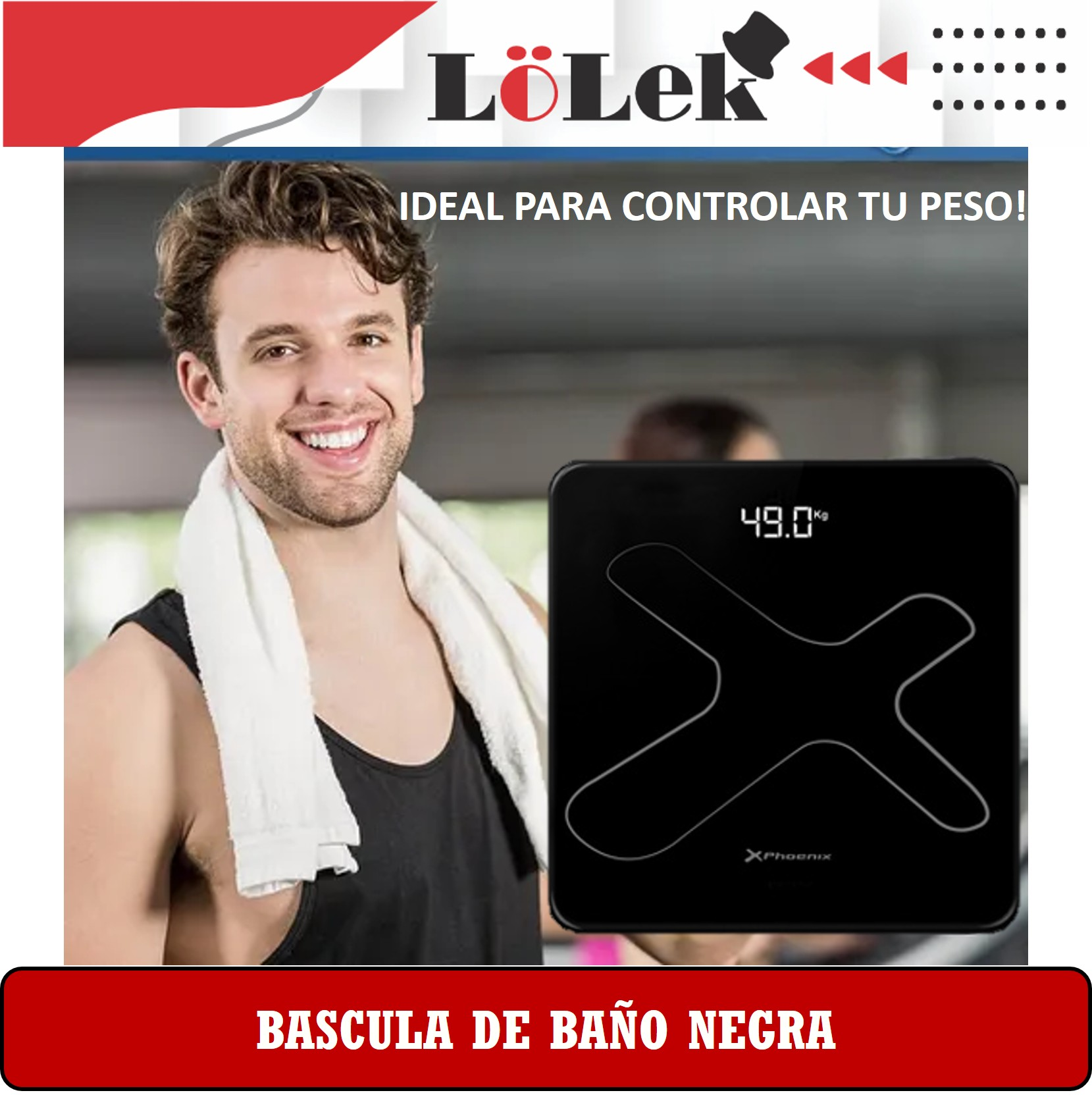 Hombre sonriente con toalla junto a báscula negra con 49.0 kg. Texto: Ideal para controlar tu peso.