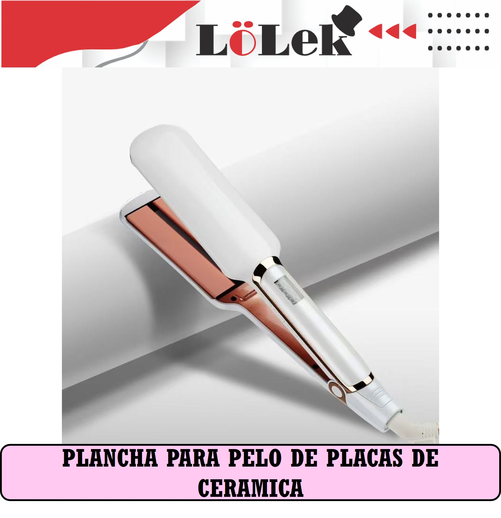 Una plancha para el pelo blanca y oro rosa se muestra sobre una superficie blanca. La marca es Lolek.