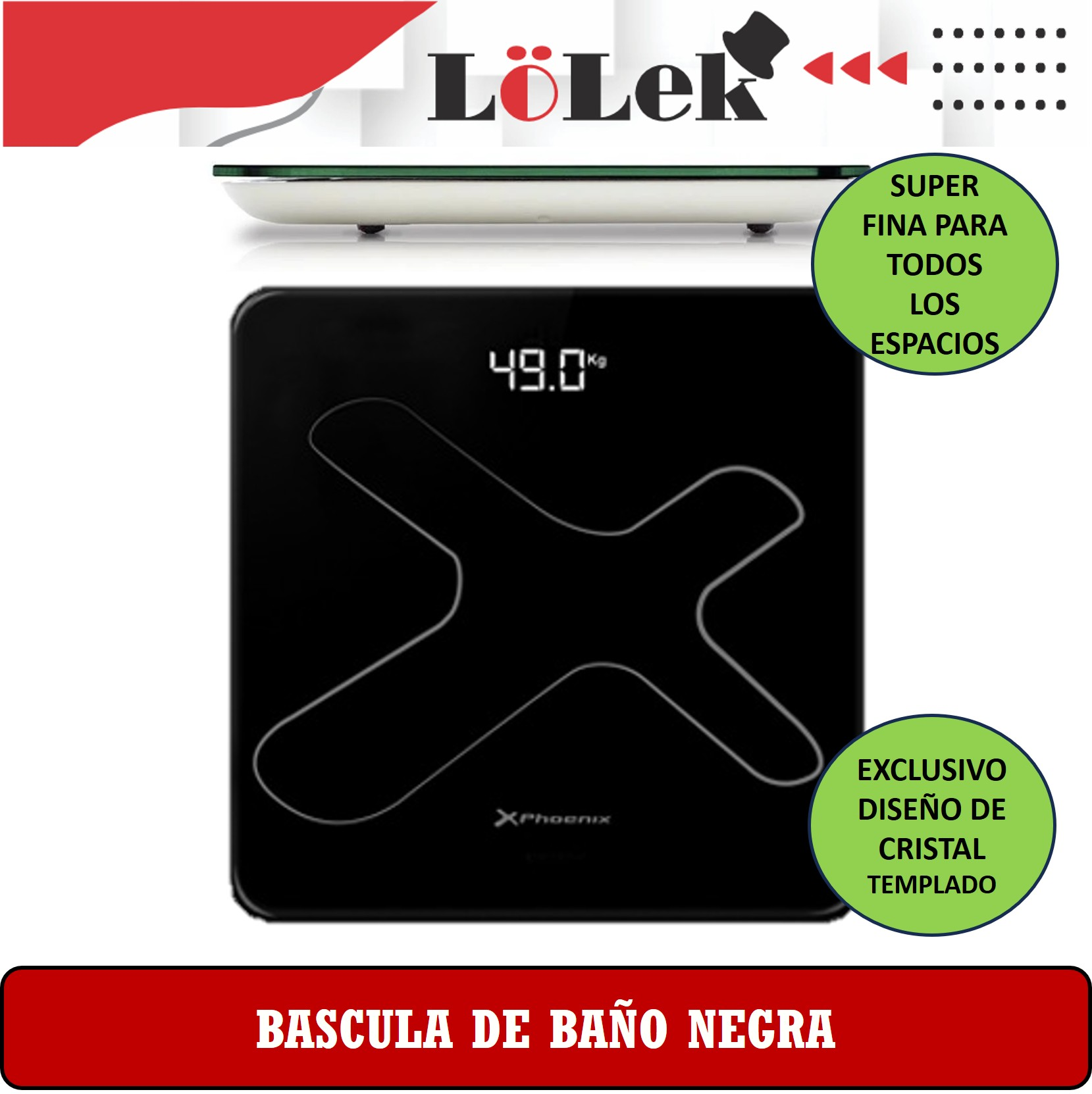 Báscula de baño negra que muestra 49,0 kg. Presenta un diseño en X, vidrio templado y el texto 'BASCULA DE BAÑO NEGRA'.