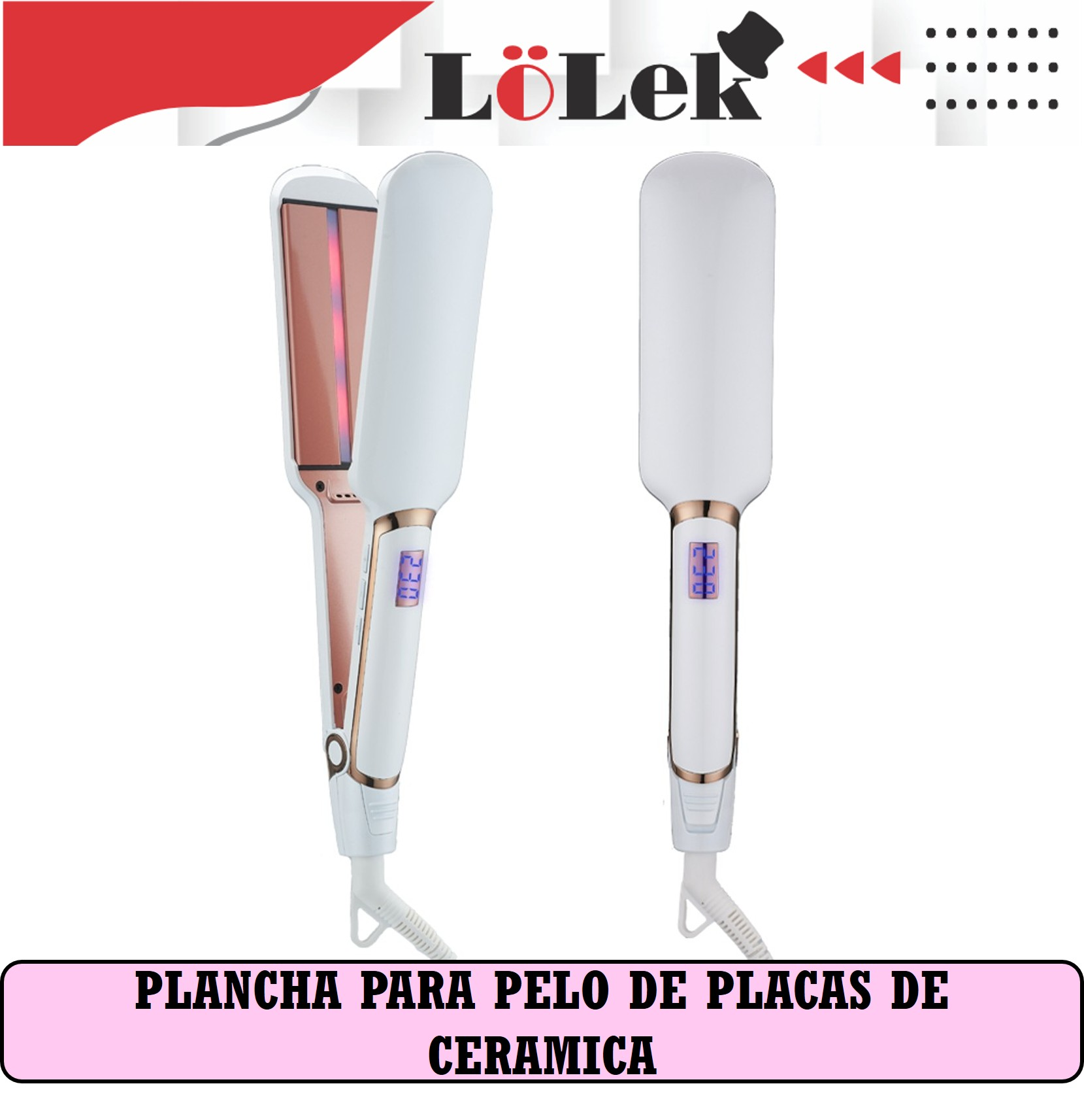 Dos planchas para el pelo blancas con pantallas digitales. Una abierta, mostrando placas rosas. Texto rosa abajo: 'PLANCHA PARA PELO DE CERAMICA'.