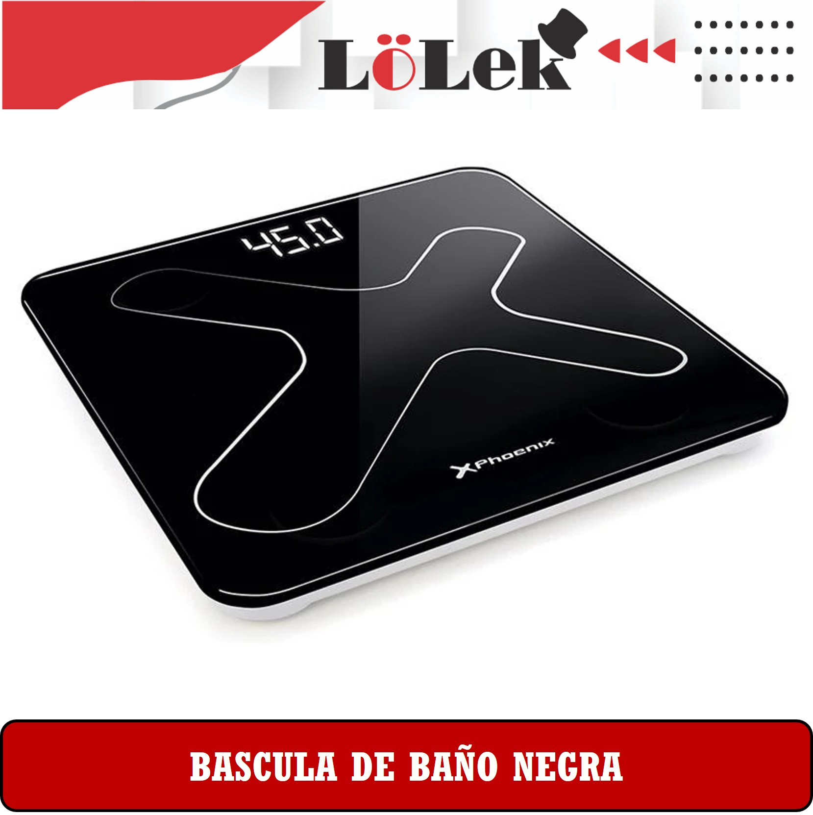 Báscula de baño negra con pantalla digital que muestra 45,0. Líneas blancas forman una forma. La marca es XPhoenix.