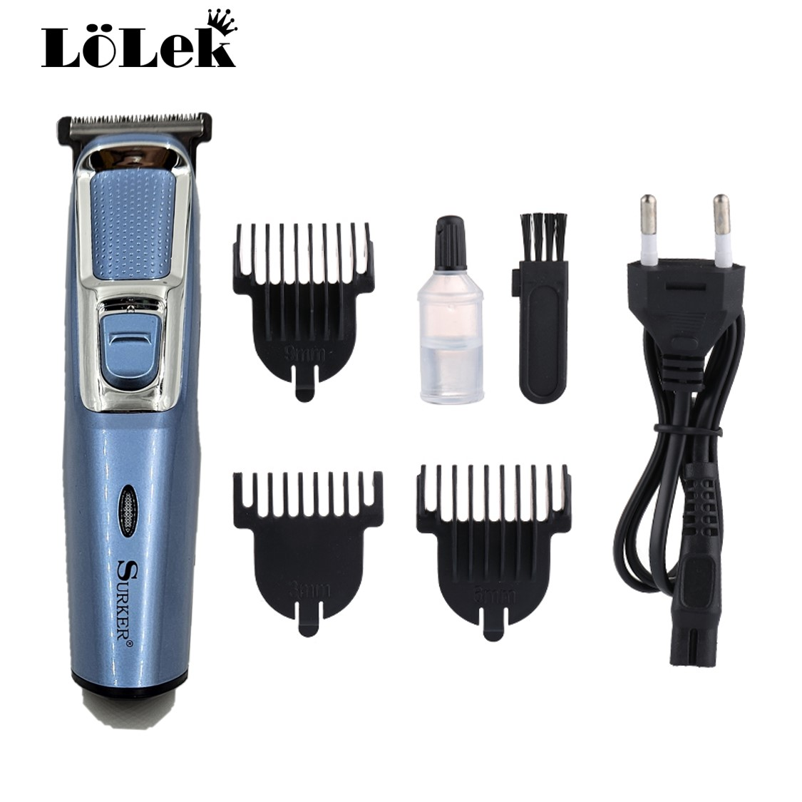 Una cortadora de pelo eléctrica azul con accesorios, que incluyen peines, un cepillo, un frasco de aceite y un adaptador de corriente, sobre fondo blanco.