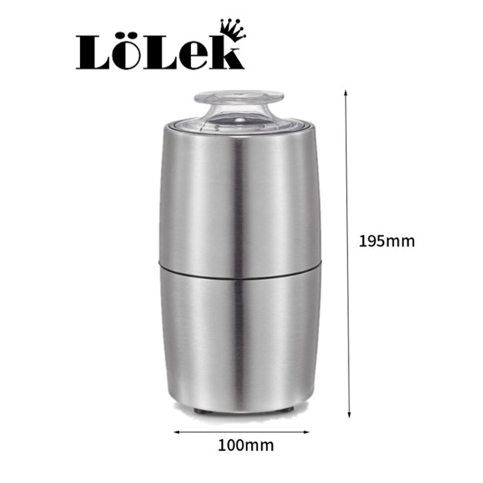 Una afeitadora de hielo cilíndrica de acero inoxidable. Tiene una parte superior transparente y está etiquetada como 'Lölek'. Dimensiones: 195 mm de alto, 100 mm de ancho.