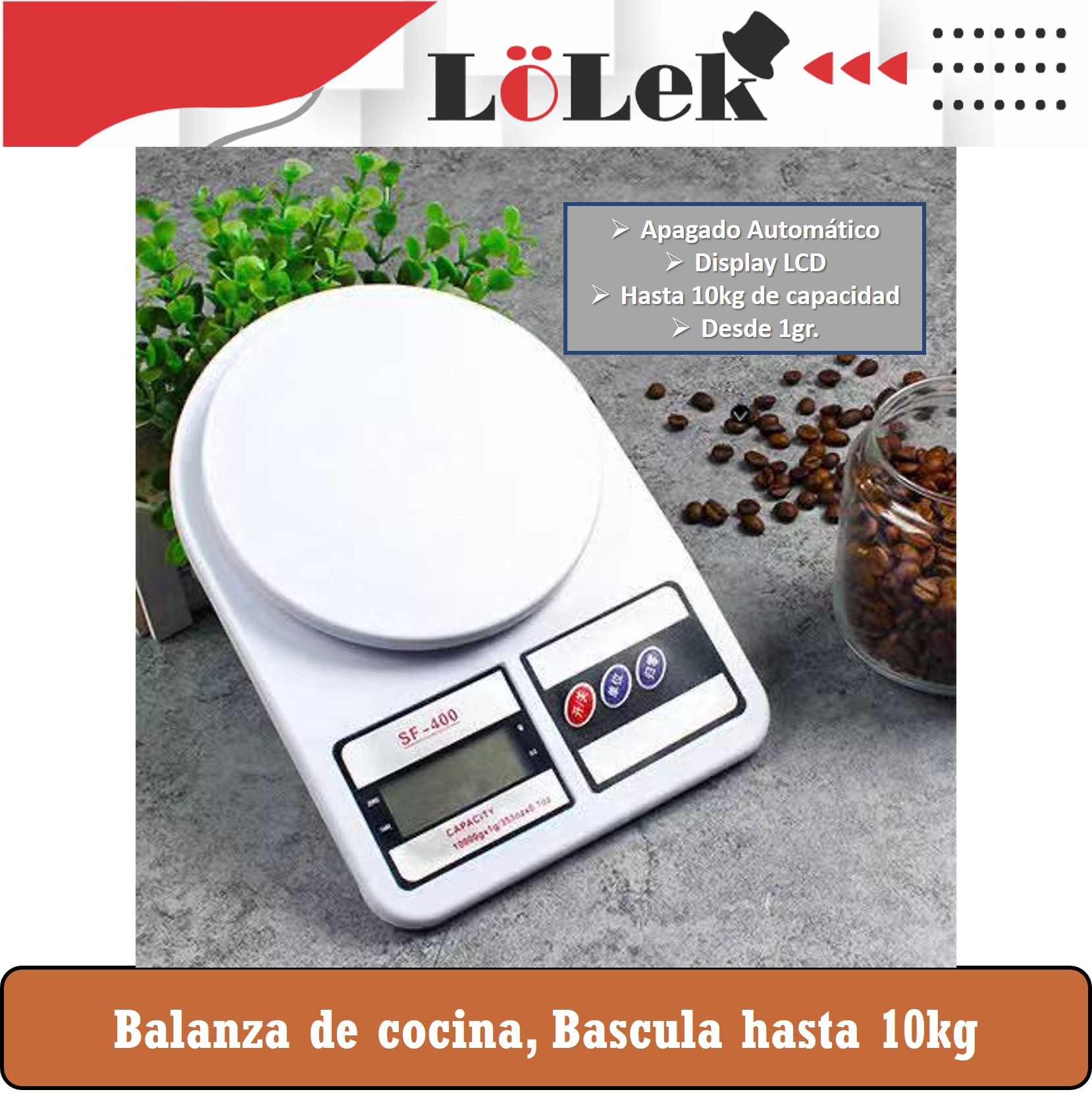 Balanza de cocina LOLEK BlaCoc10, 10 kg, Blanco