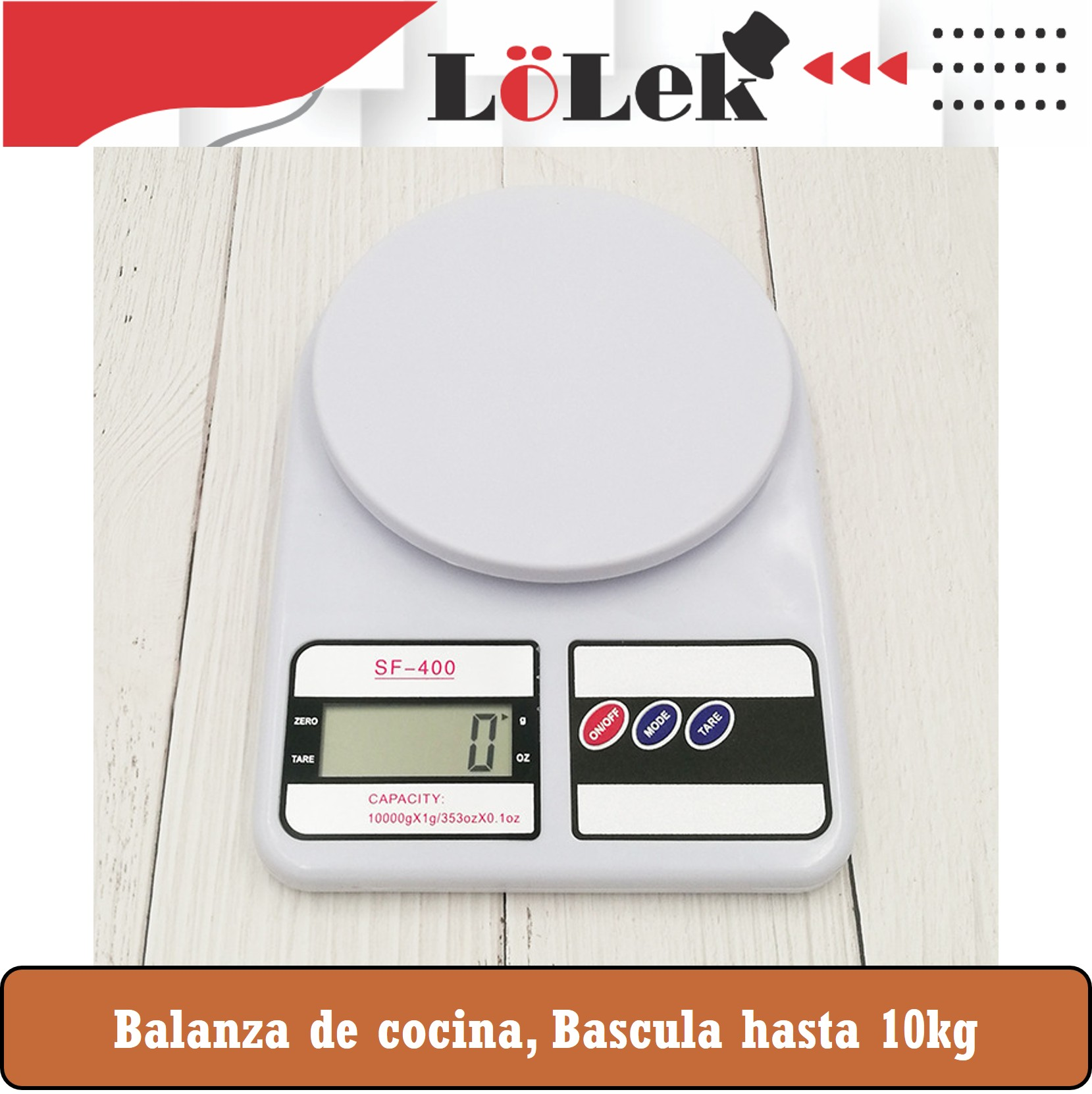 Una báscula de cocina blanca con pantalla digital '0'. Tiene botones y una superficie de pesaje circular.