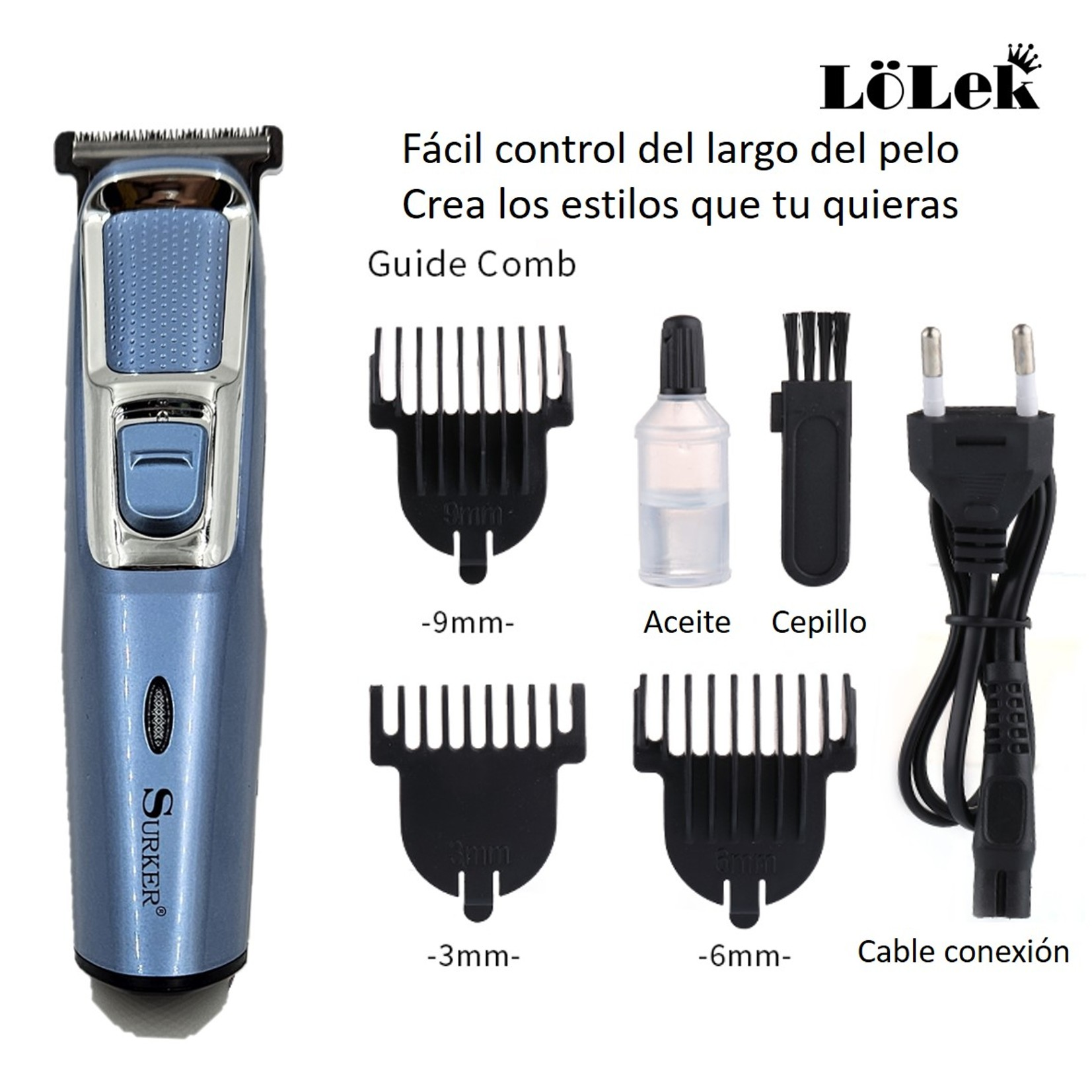 Una cortadora de cabello azul Surker con accesorios: aceite, cepillo, peines y cable de alimentación. Texto en español.
