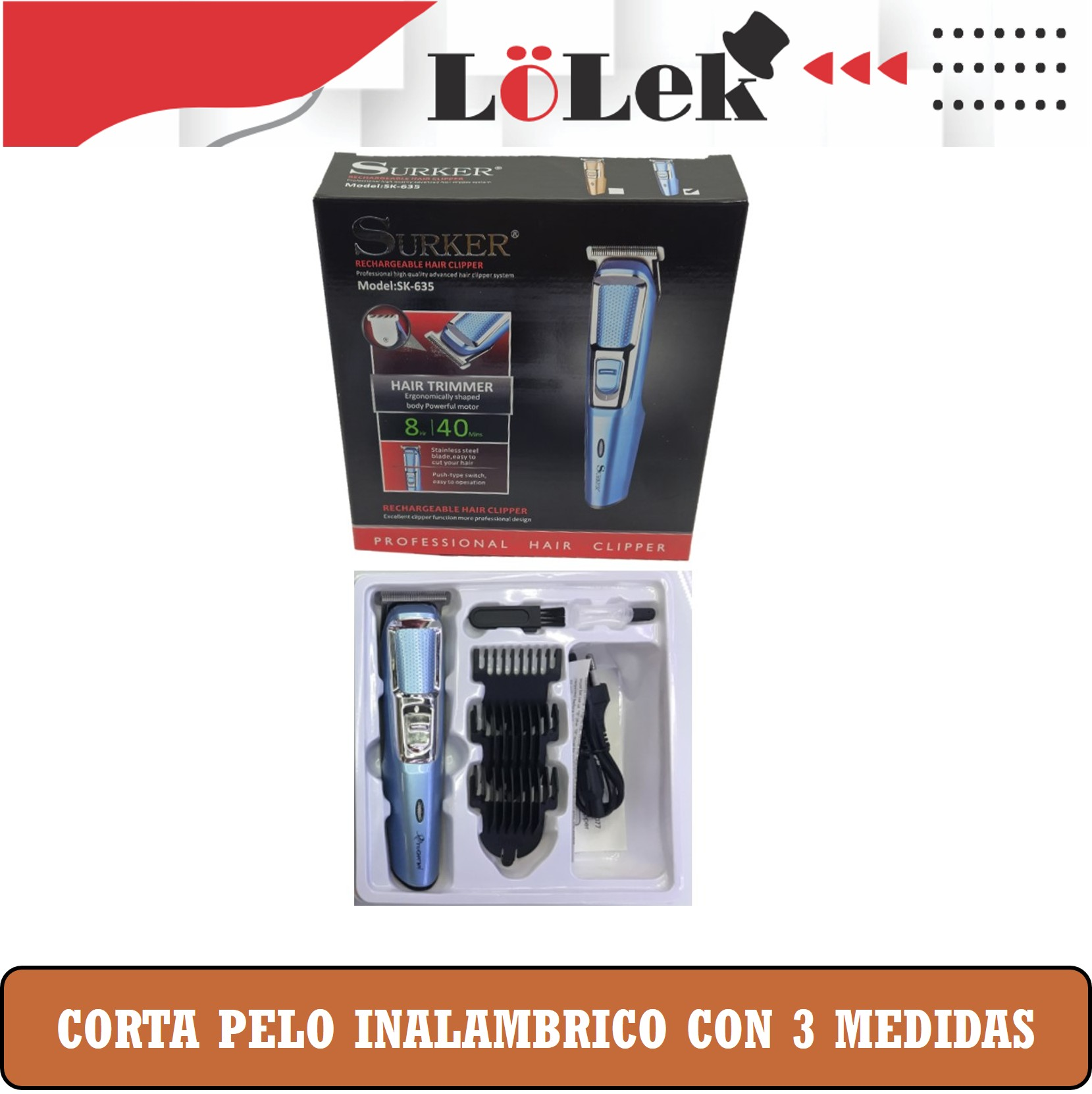 Una cortadora de pelo azul con accesorios. La caja dice SURKER. El texto de abajo dice: CORTA PELO INALAMBRICO CON 3 MEDIDAS.