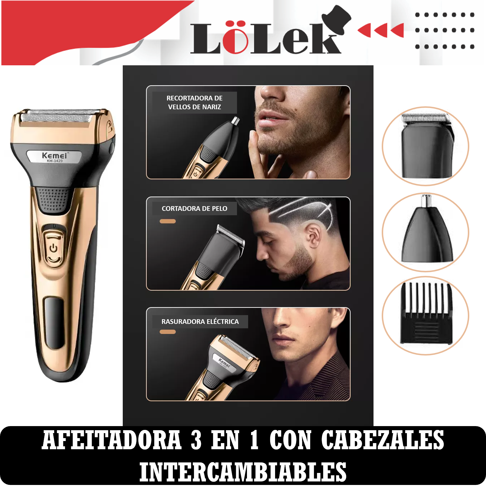Afeitadora eléctrica con cabezales intercambiables. Incluye imágenes del recortador de pelo y vello nasal.