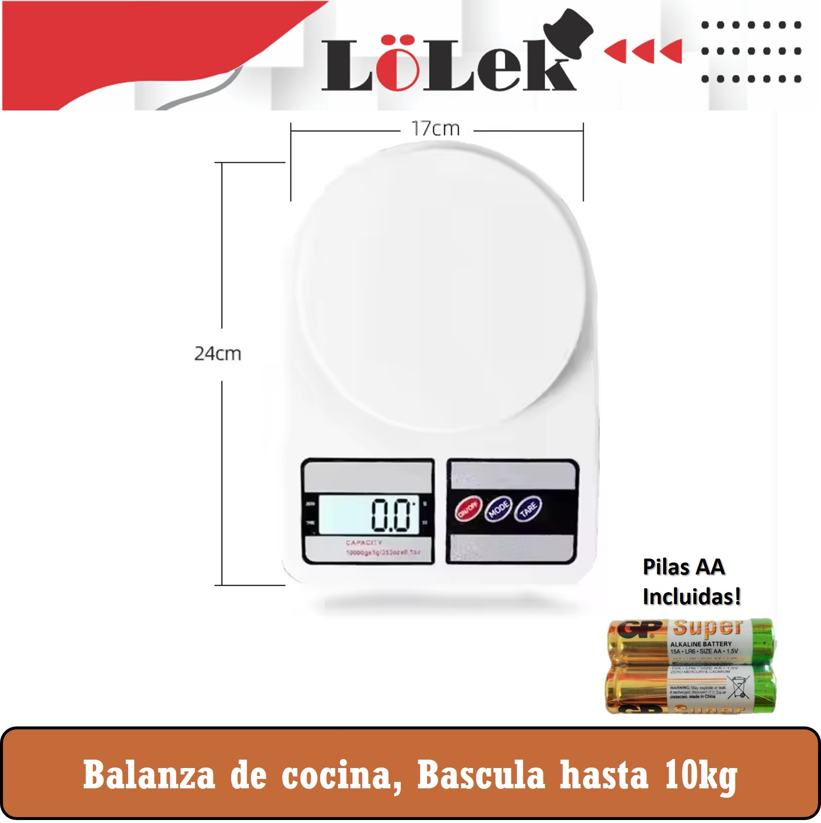 Una balanza de cocina blanca con pantalla digital, botones y pilas. Mide 24x17 cm. Texto: 'Balanza de cocina, Bascula hasta 10kg'.