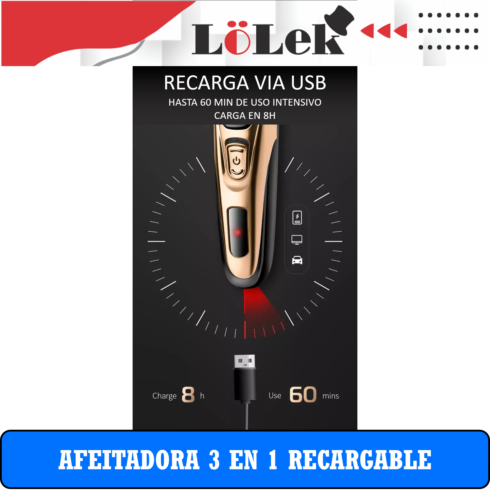 Una afeitadora eléctrica con cable de carga USB. Se puede usar 60 minutos tras 8 horas de carga. El texto dice 'RECARGA VIA USB'.