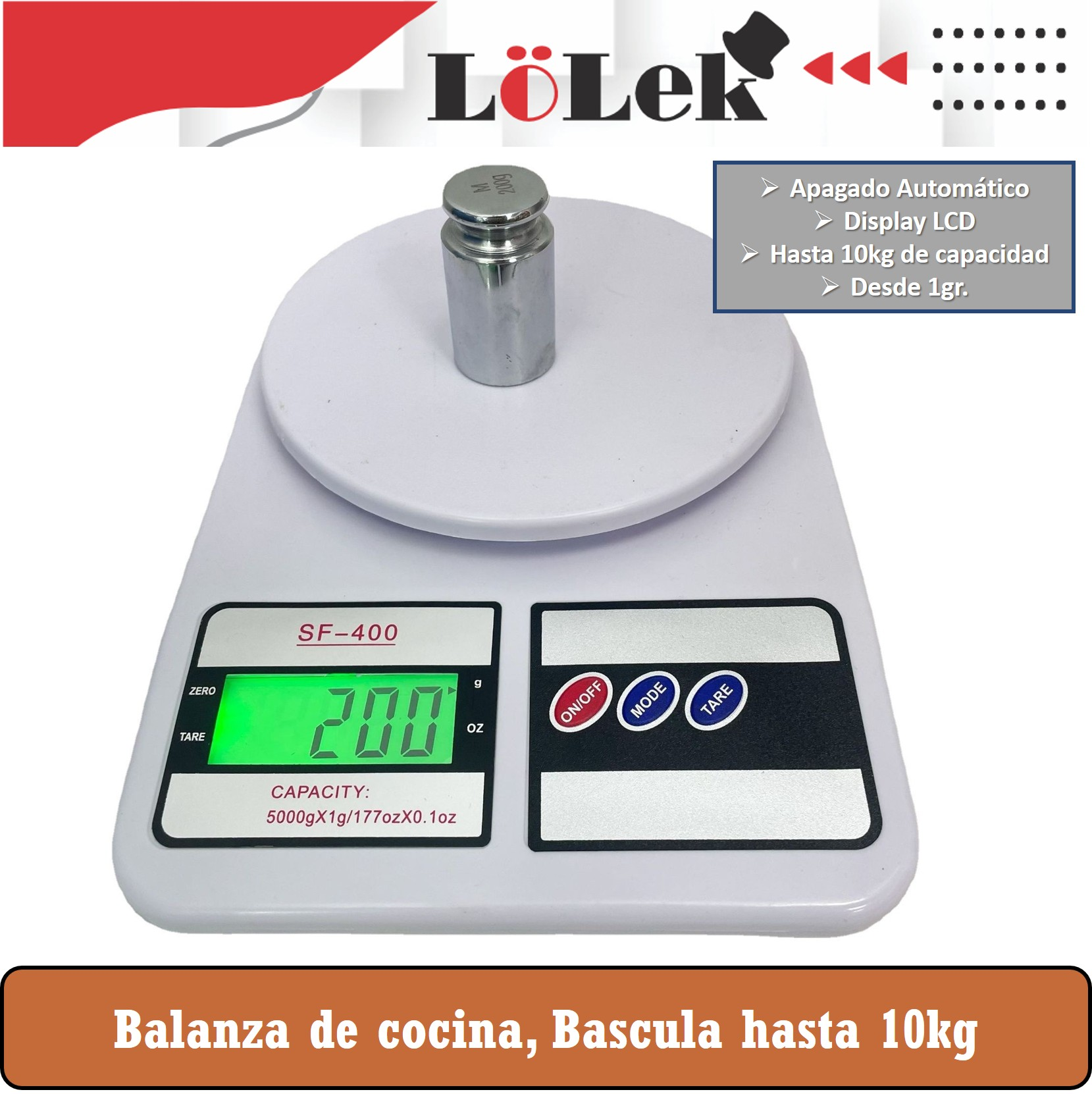 Una báscula de cocina blanca con un peso encima. La pantalla muestra 200. Se ven botones de encendido/apagado, modo y tara.