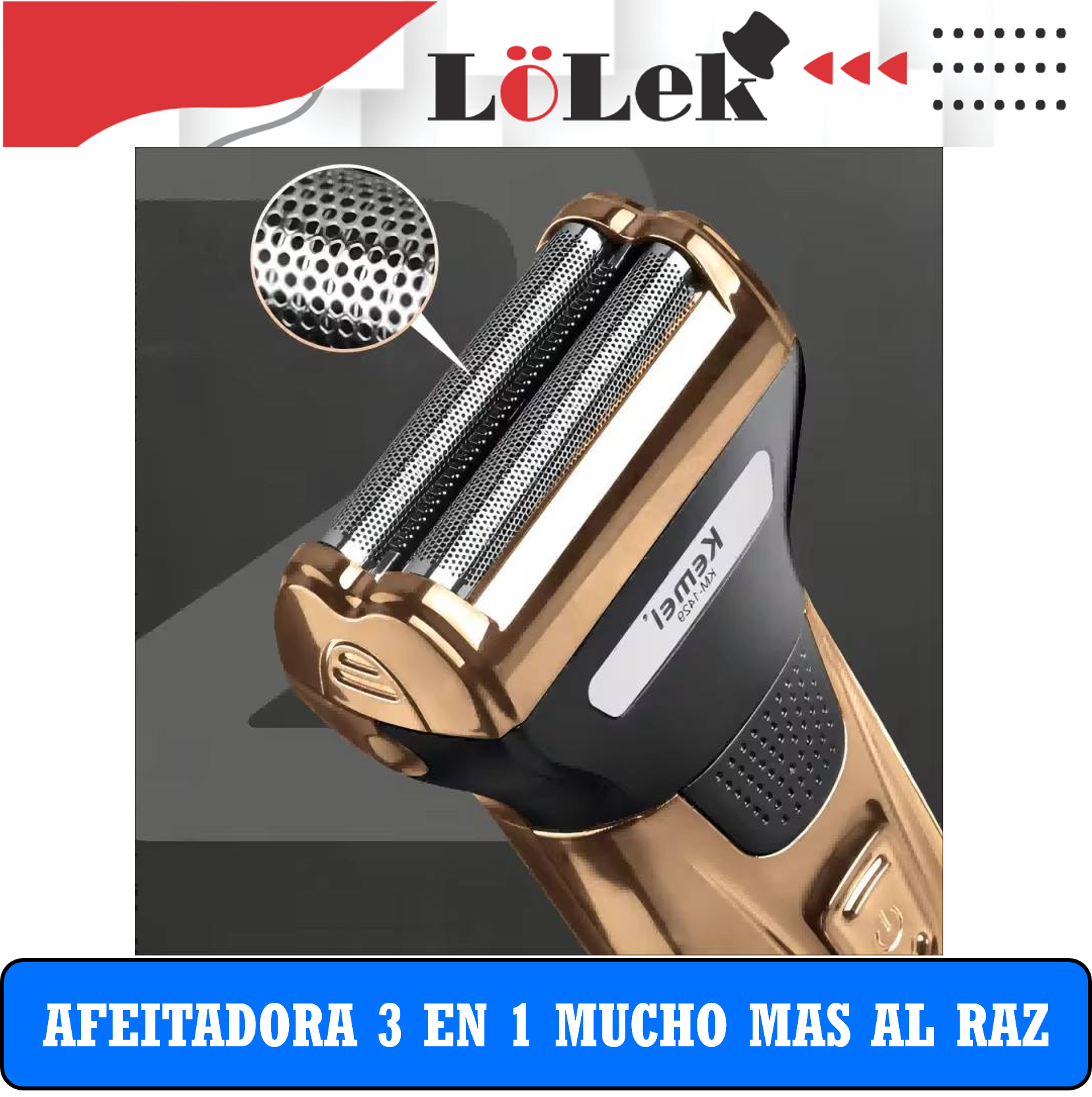 Primer plano de una afeitadora eléctrica dorada y negra. La marca es Kemei. El texto inferior dice: 'AFEITADORA 3 EN 1 MUCHO MAS AL RAZ'.