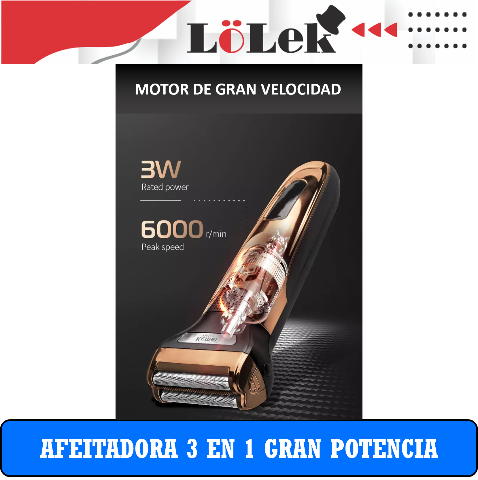 Se muestra una afeitadora eléctrica, destacando sus características. Esquema de color dorado y negro. El texto incluye detalles de velocidad y potencia.