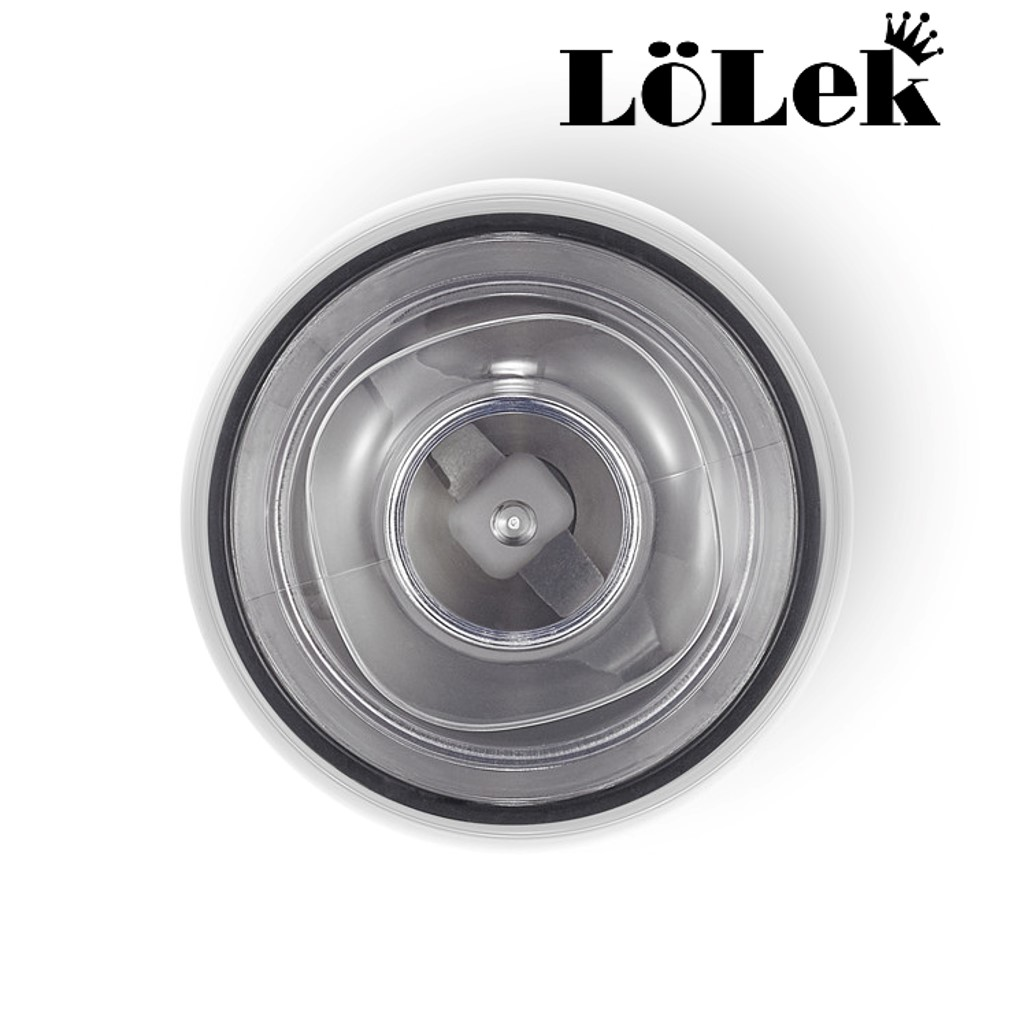 Vista superior de un molinillo transparente con cuchillas en el interior. La marca Lolek está arriba con una corona.