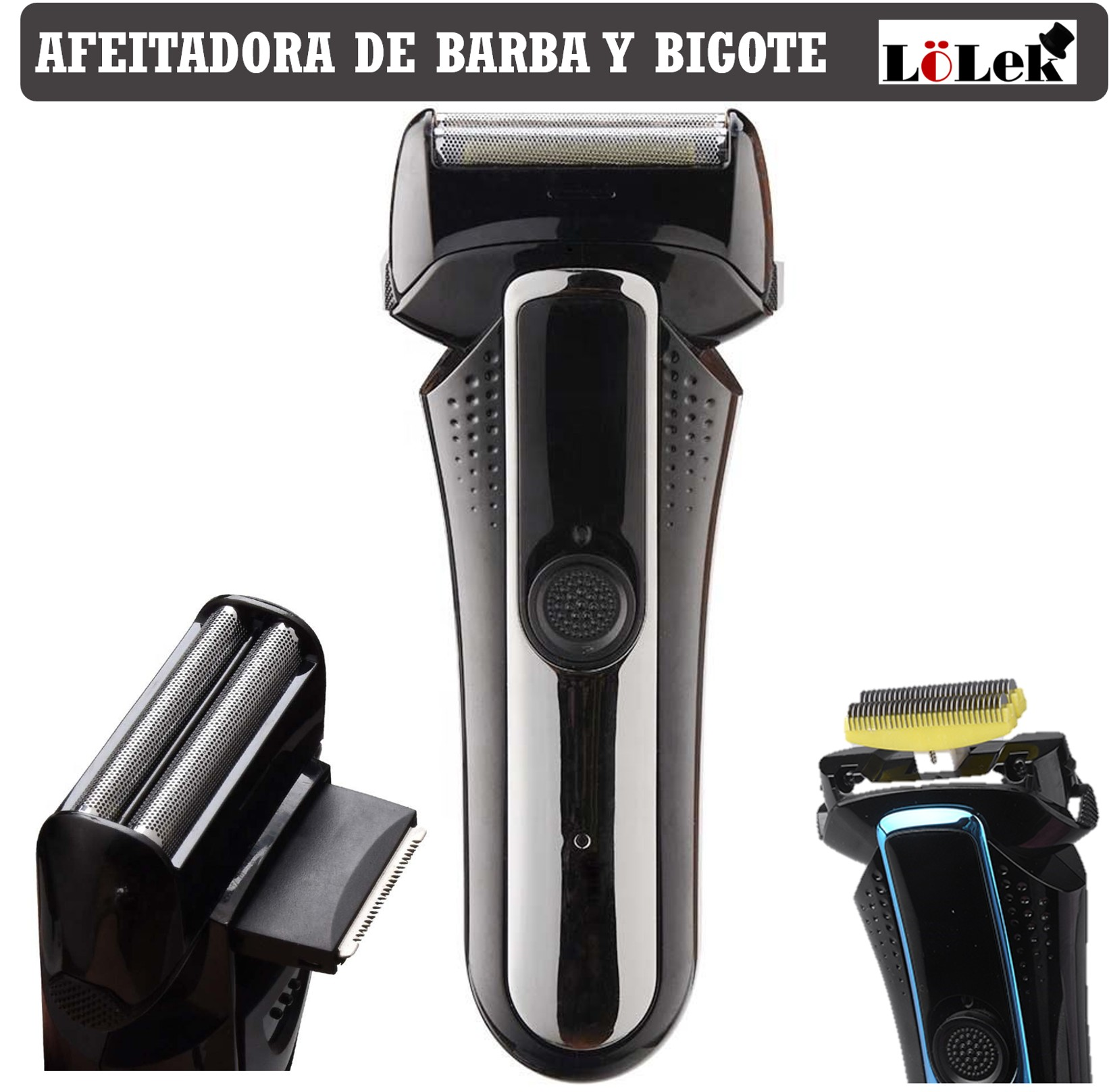 Una afeitadora eléctrica negra con tres cabezales diferentes. El cuerpo principal está en el centro y dos cabezales adicionales a los lados.