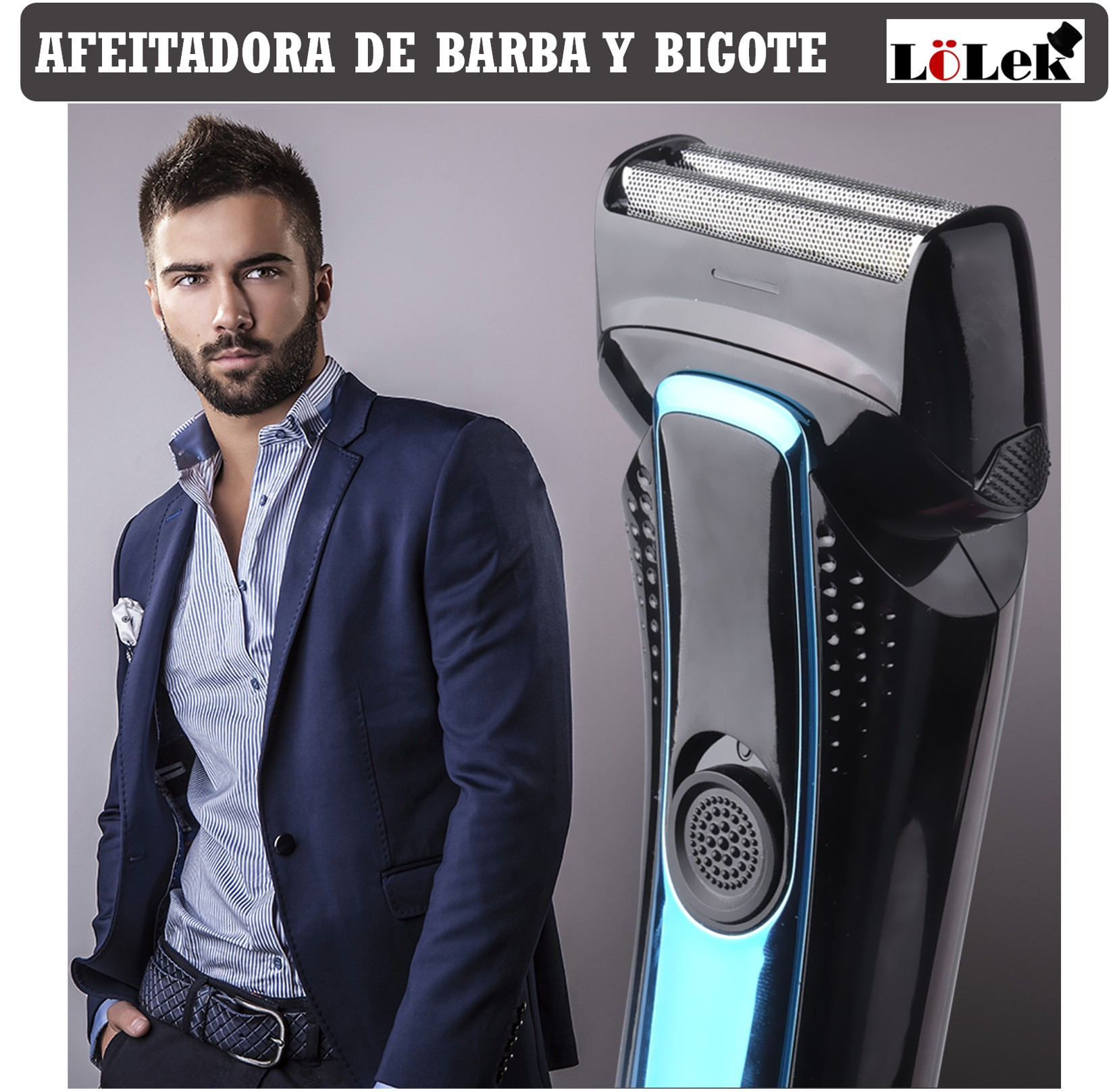 Un hombre con barba, con traje, está junto a una afeitadora eléctrica. La afeitadora es negra y plateada con luces azules.
