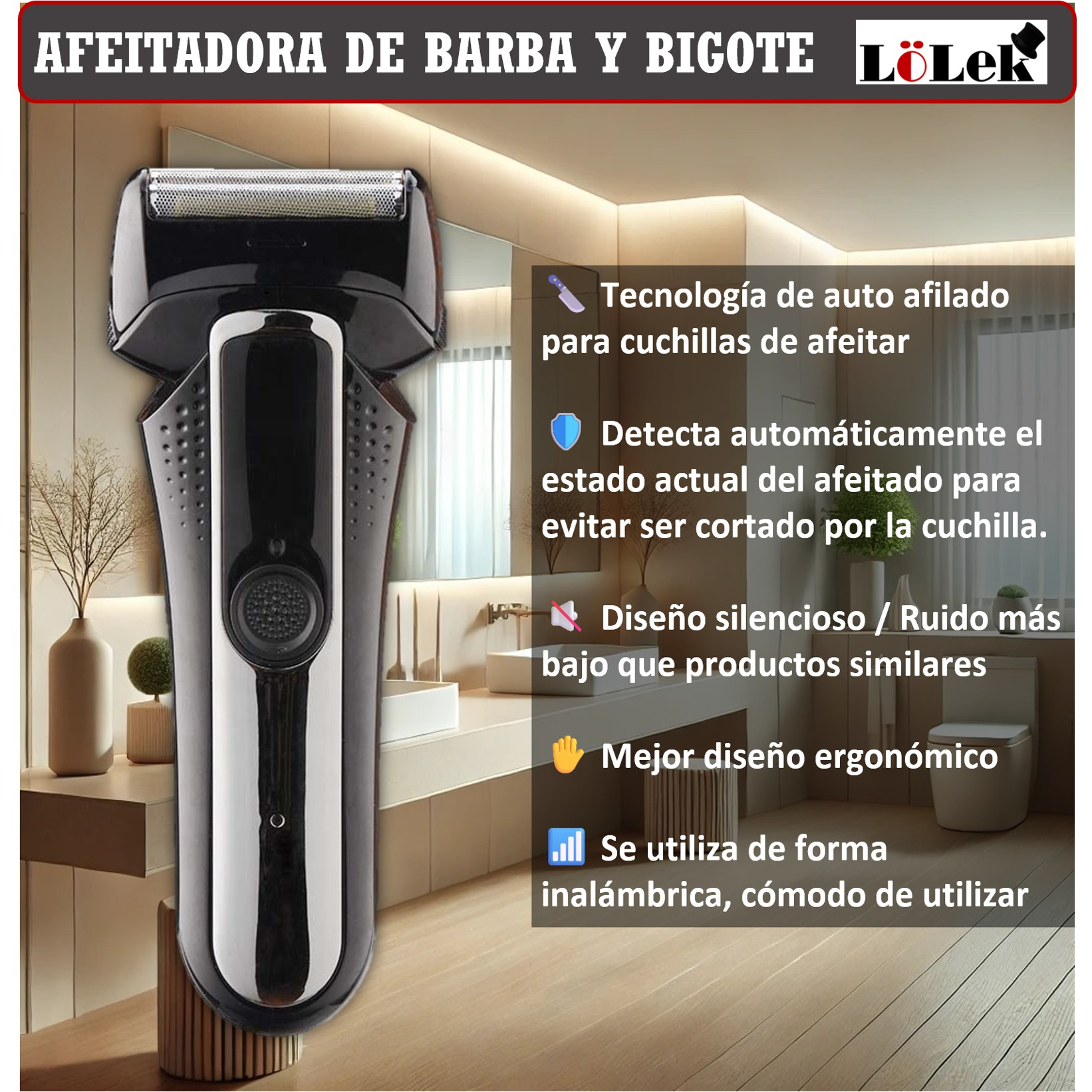 Una afeitadora eléctrica negra y plateada se muestra en un baño con texto que describe sus características.