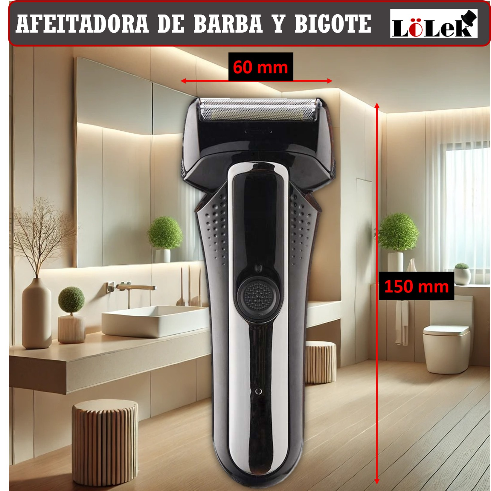 Una afeitadora eléctrica negra y plateada está en un baño. Está cerca de un lavabo, un inodoro y plantas decorativas. Las dimensiones están etiquetadas.