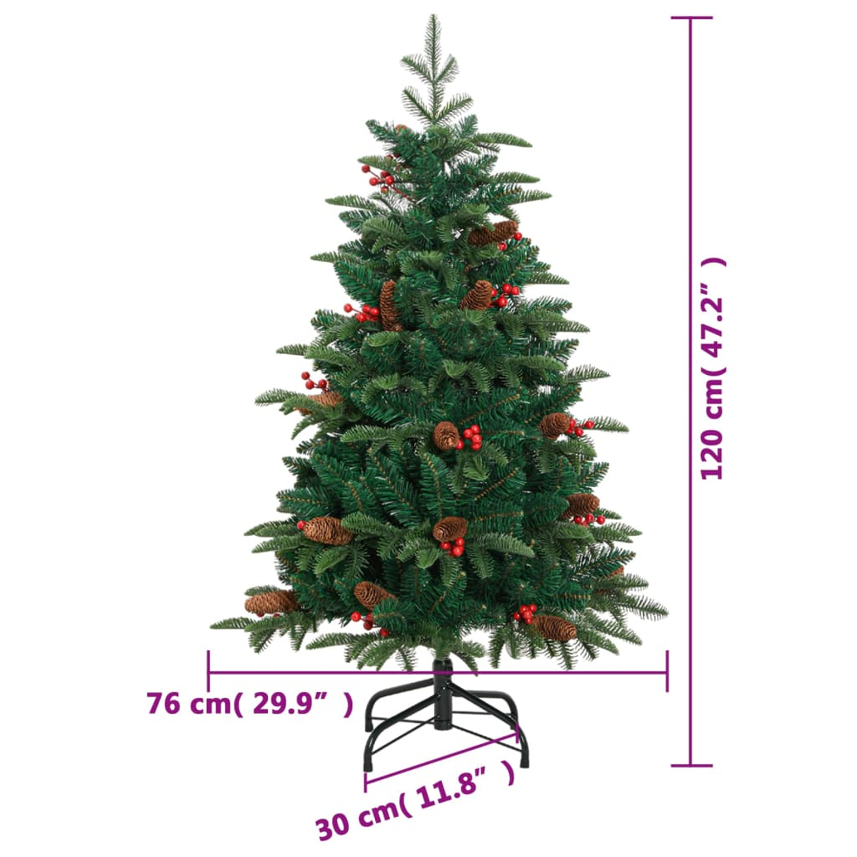 Ein dekorierter künstlicher Weihnachtsbaum mit Tannenzapfen und roten Beeren. Abmessungen: 120 cm Höhe, 76 cm Breite und 30 cm Basis.
