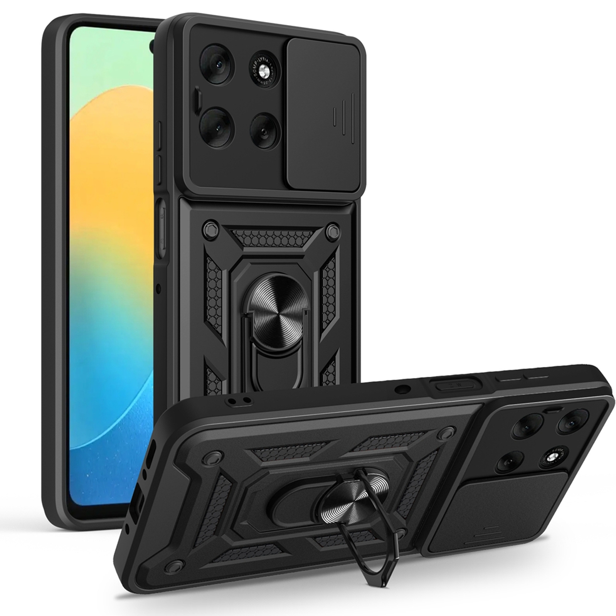 Zwarte telefoonhoesjes met een cameralensafdekking en ringhouder worden getoond. Het telefoonscherm is zichtbaar op de achtergrond, met een gele gradiënt.