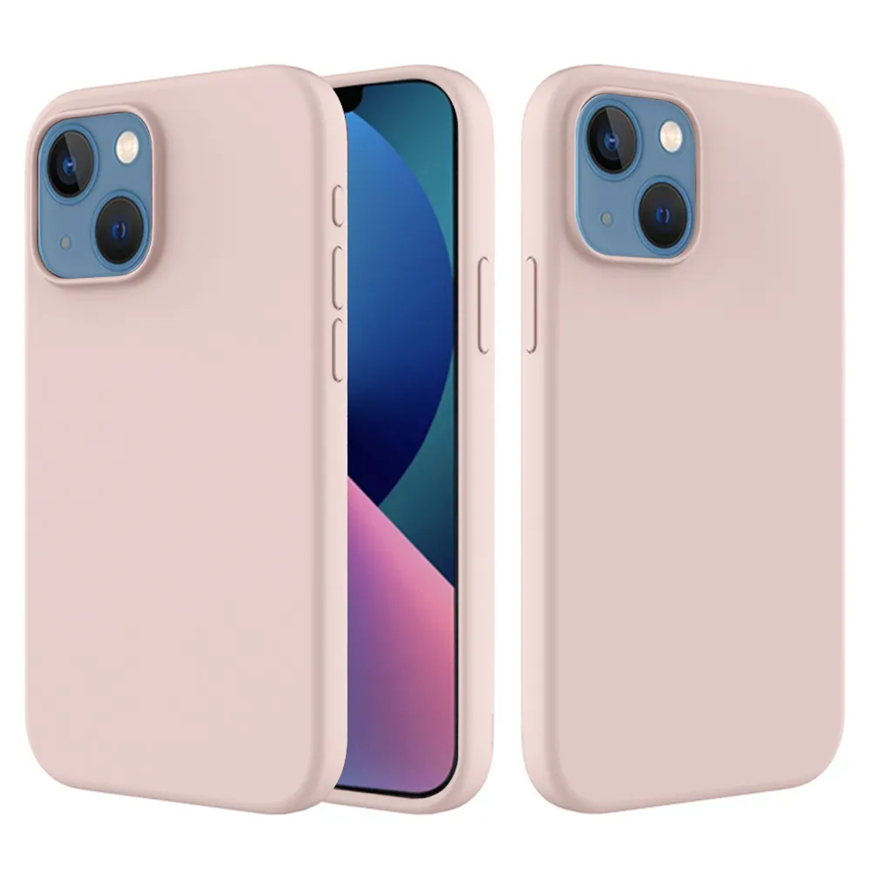 Drie roze telefoonhoesjes, twee met blauwe cameralenzen, één met een telefoon die blauwe en roze kleuren toont.