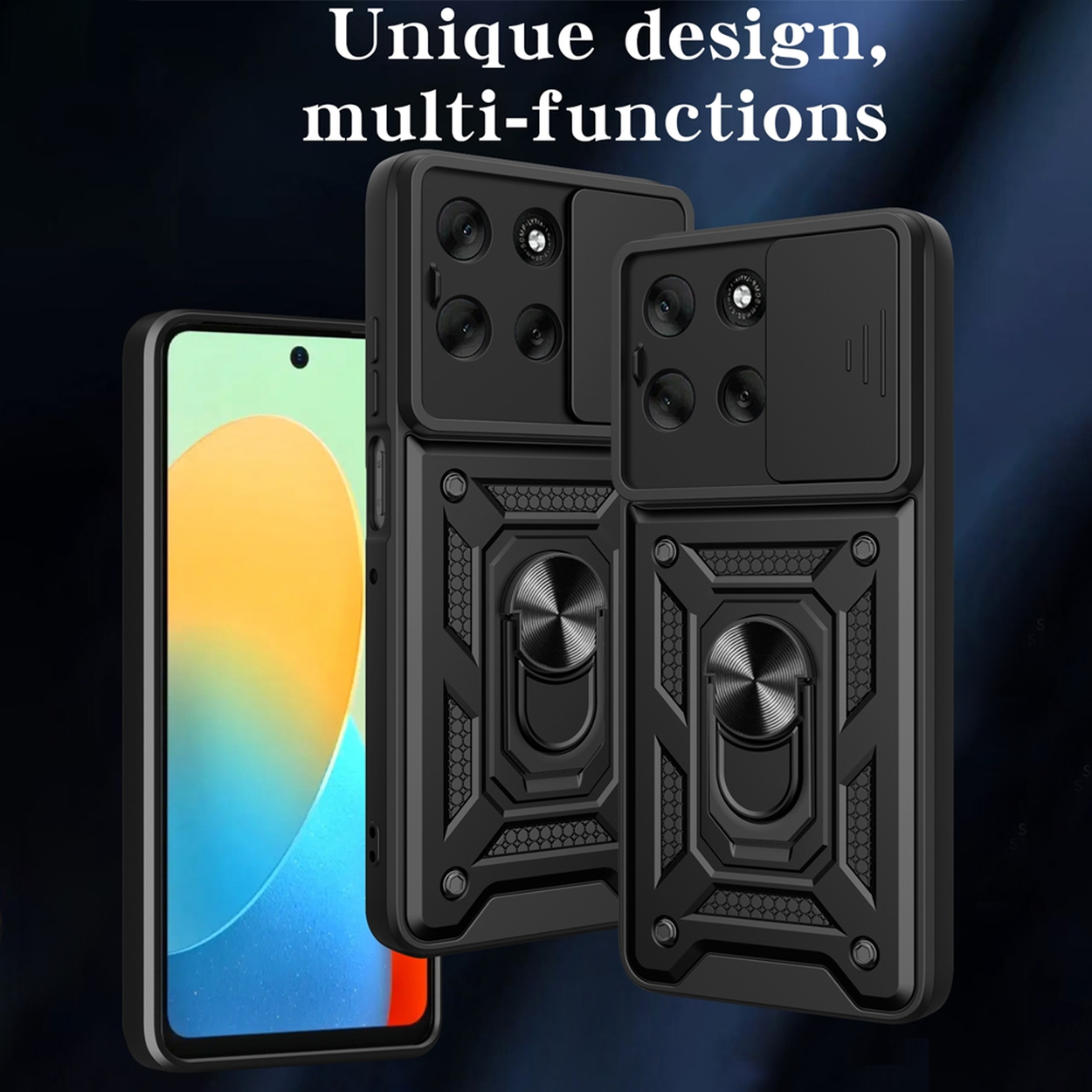Zwarte telefoonhoesjes met ringhouders en camerabescherming. Een telefoon toont een geel-oranje verloop op het scherm. Tekst: 'Uniek ontwerp, multi-functies'.