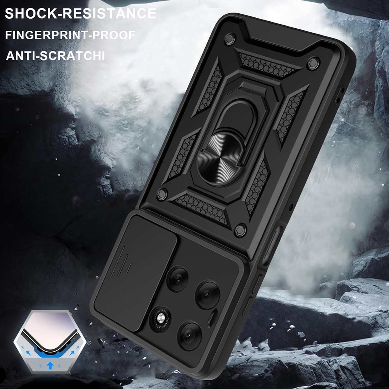 Een zwarte telefoonhoes met een ringhouder en cameralensafdekking, op een vage achtergrond met tekst 'SHOCK-RESISTANCE'.