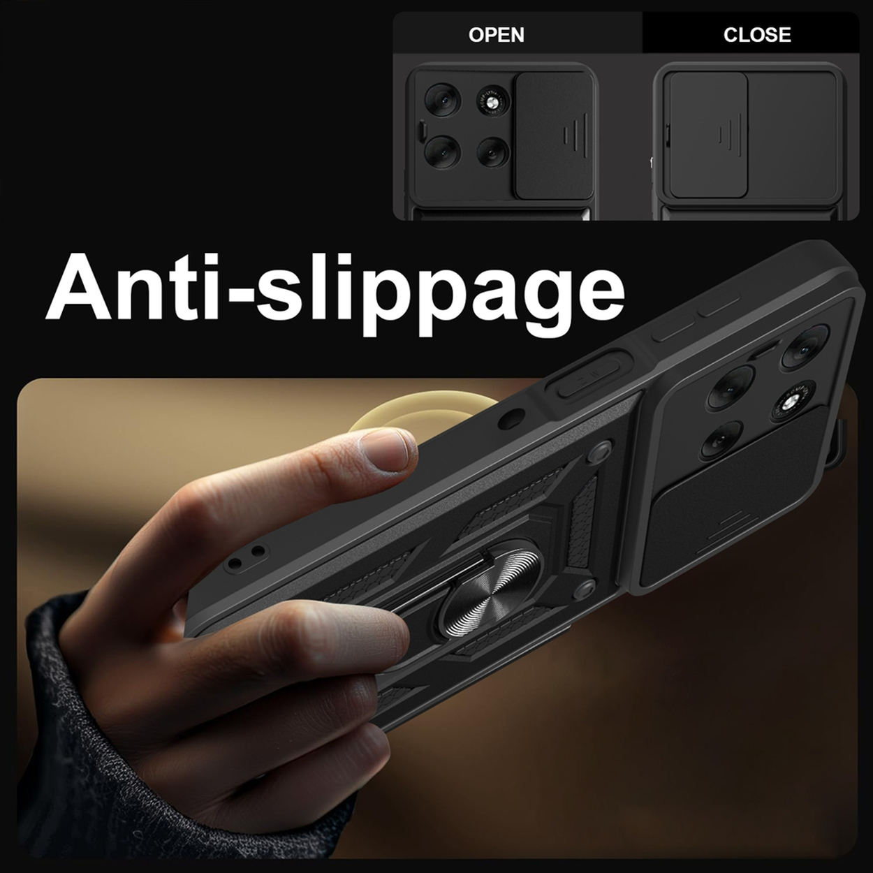 Een hand houdt een zwarte telefoon met hoesje vast. De hoes heeft een schuifbare camerahoes en een ringhouder. Tekst: 'Anti-slip'.