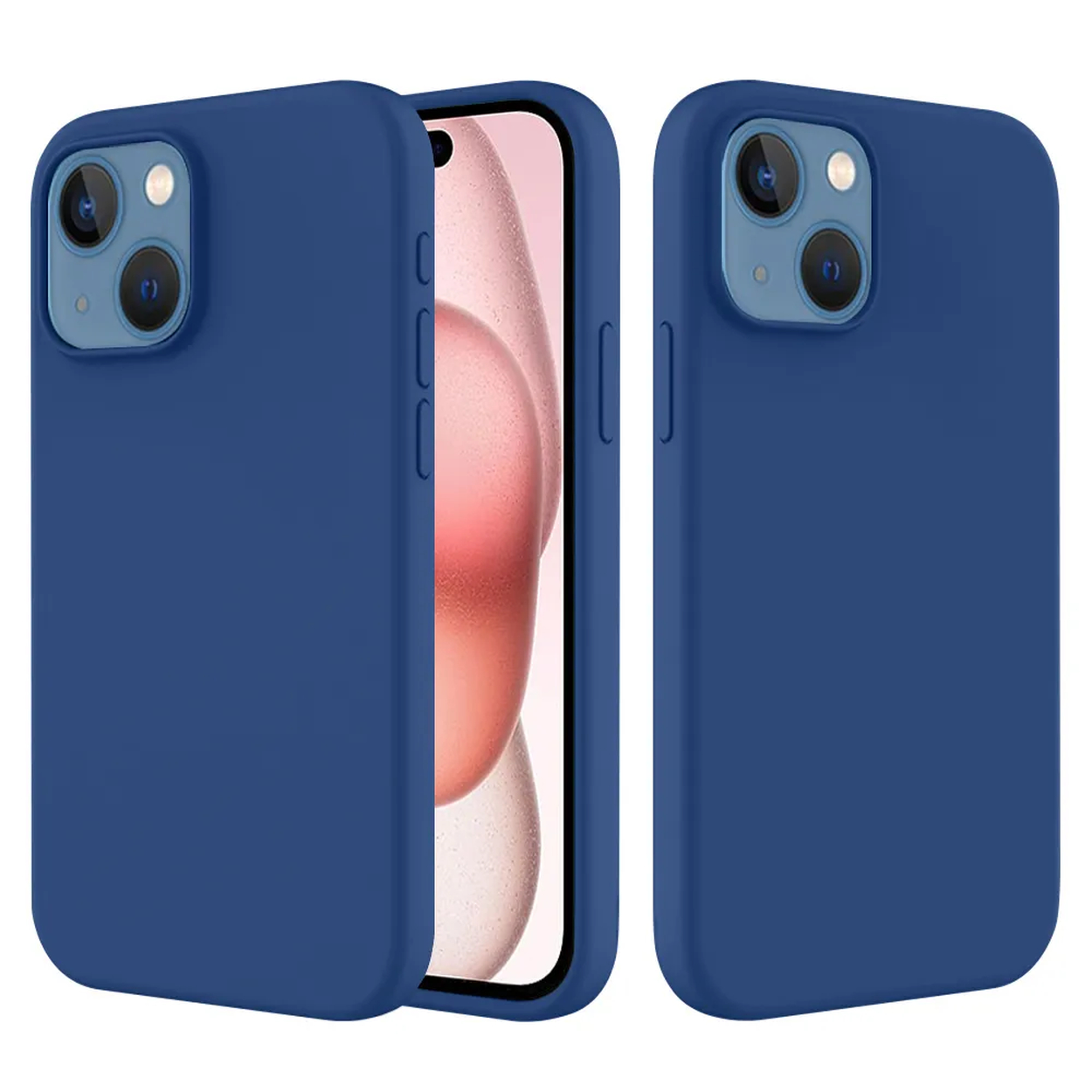 Trois coques de téléphone bleues, une ouverte montrant un fond rose et blanc. Chaque coque a une bosse de caméra.