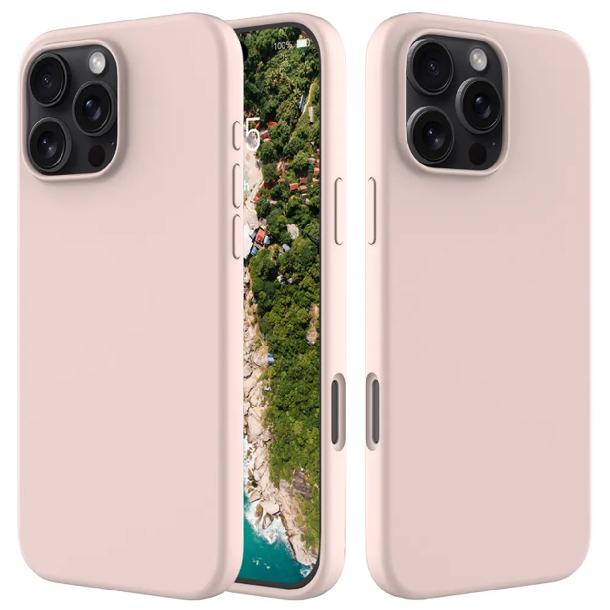 Trois étuis de téléphone roses avec différents designs de caméra. Un étui montre le téléphone avec une scène de nature, les autres sont fermés.