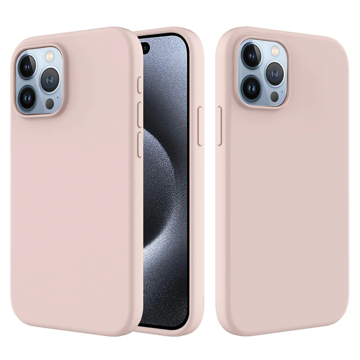 Trois étuis de téléphone roses avec modules de caméra. L'un contient un téléphone. Les étuis sont rose clair, avec une finition mate.