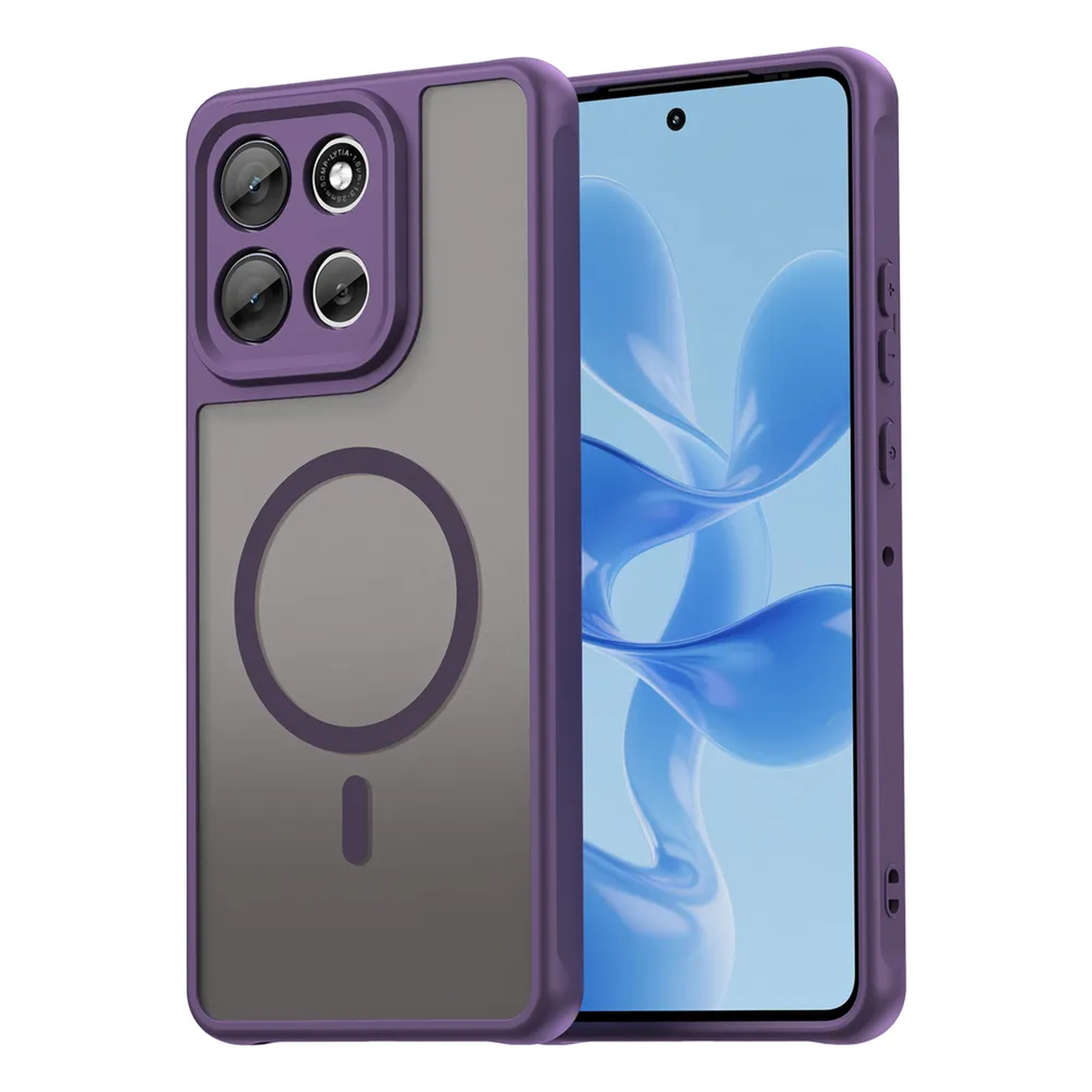 Een paarse telefoonhoes met een grijze achterkant en een transparante schermbeschermer toont een blauw scherm met een golvend patroon.
