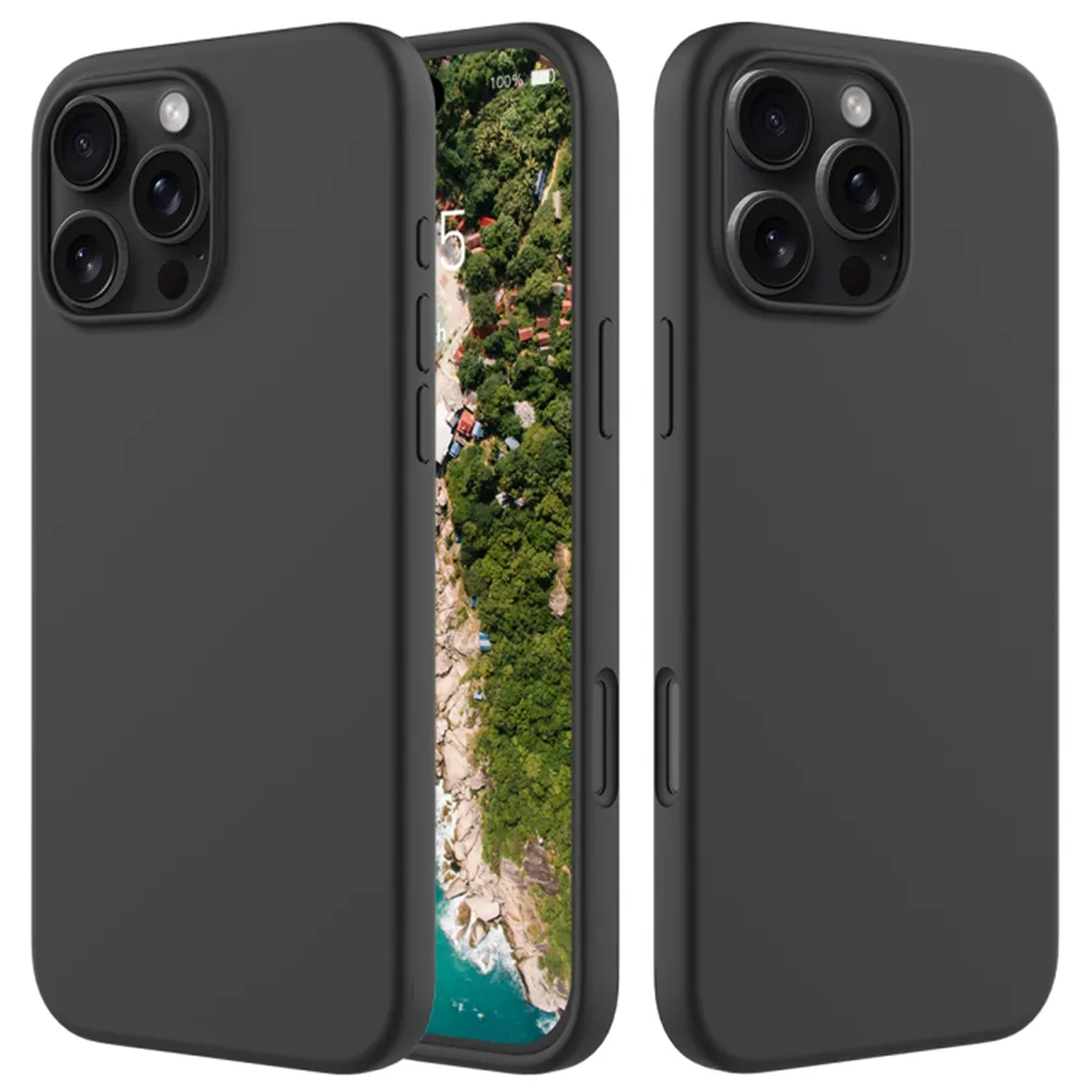 Drie zwarte telefoonhoesjes met een telefoon met een landschapsafbeelding. Hoesjes hebben camerabobbels en knoppen, en het scherm toont een scène.