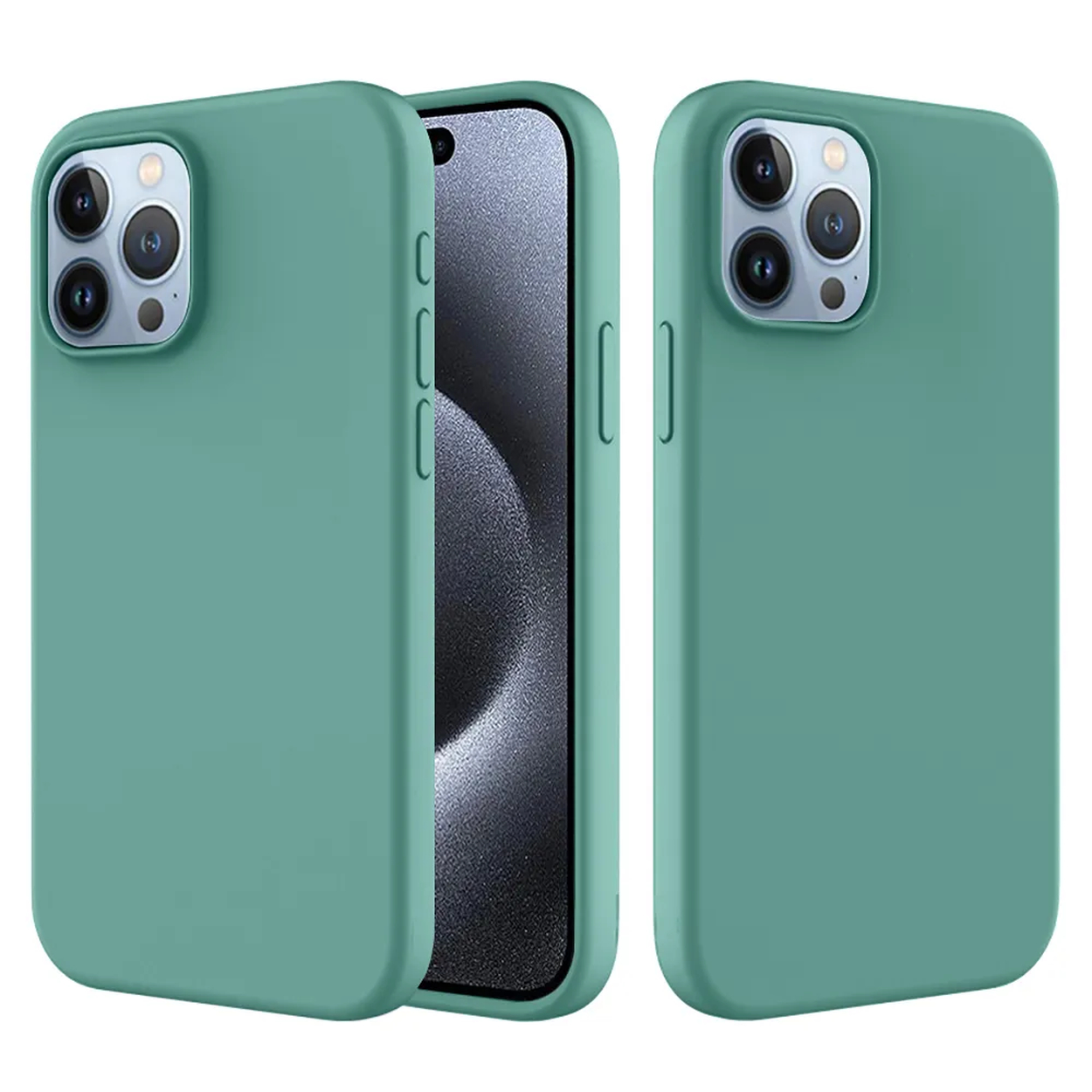 Drie teal telefoonhoesjes, één met telefoon erin. Elke case heeft camera-uitsparingen. Het scherm is zichtbaar.
