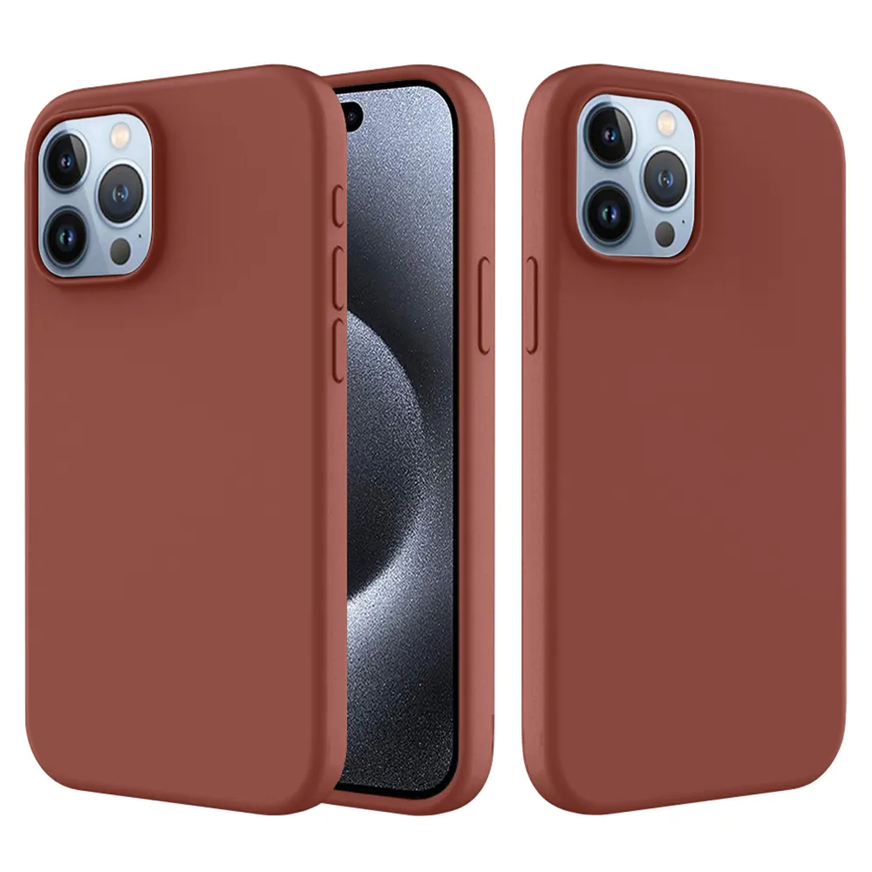 Trois étuis de téléphone bruns avec des téléphones. Un étui est ouvert, montrant un téléphone. Les autres sont fermés, affichant des bosses de caméra.