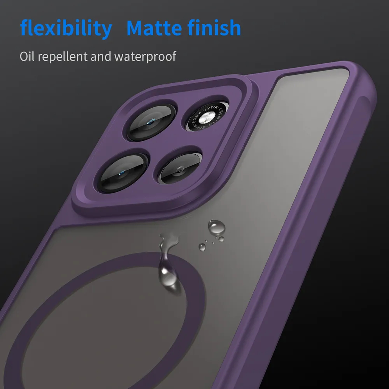 Paarse telefoonhoes met cameralenzen, waterdruppels. Tekst: flexibiliteit, matte afwerking, olie- en waterafstotend.