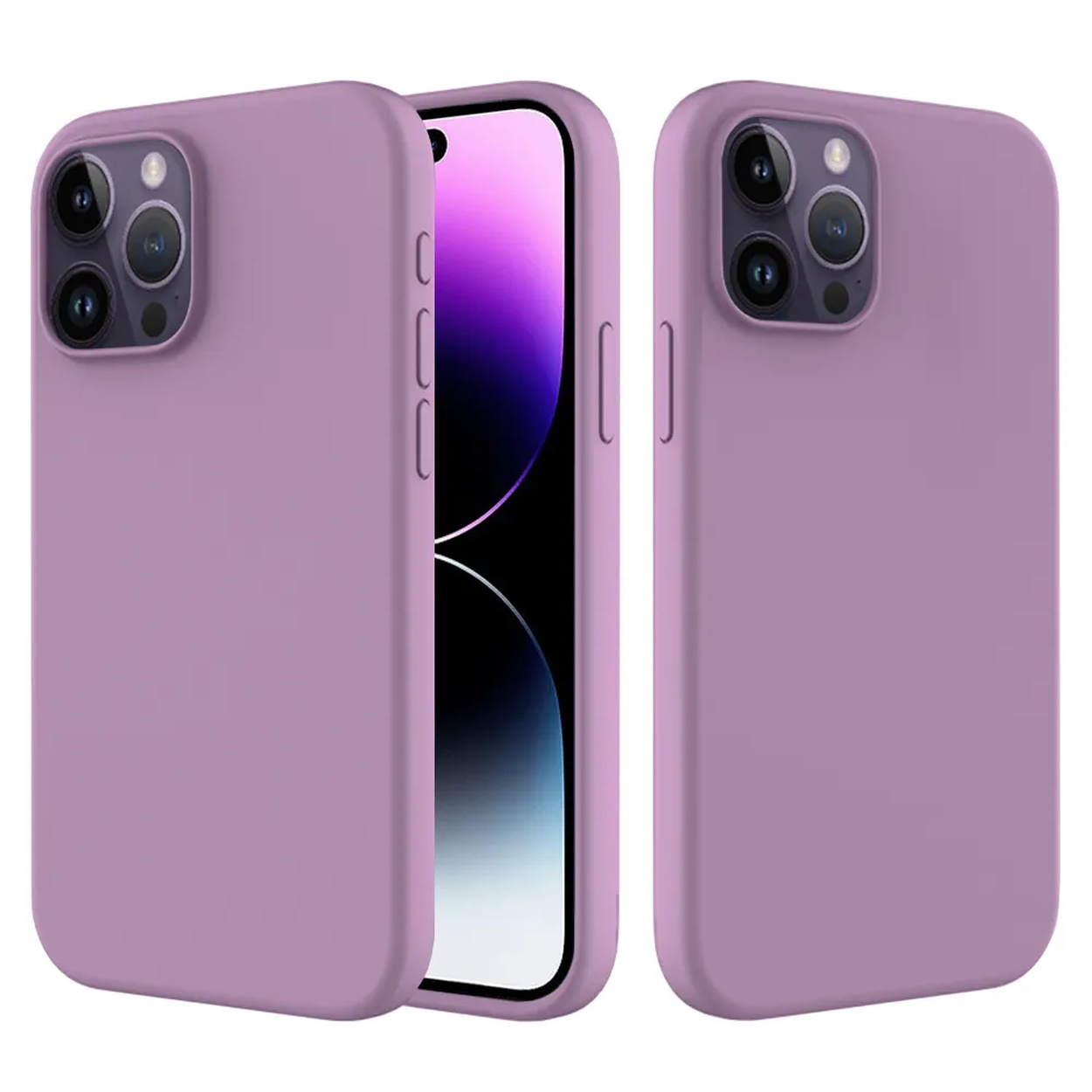 Drie lavendelkleurige telefoonhoesjes met een iPhone erin. Elke hoes heeft cameralenzen. De achtergrond is wit.