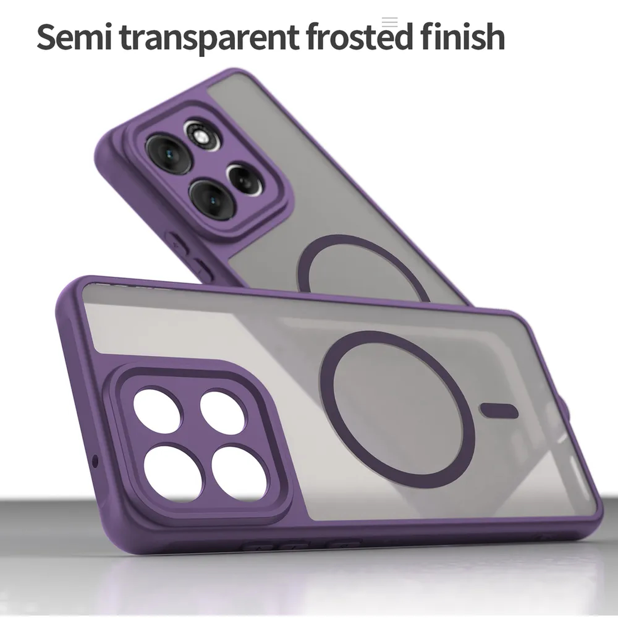Twee paarse telefoonhoesjes met een transparante achterkant. De ene ligt bovenop de andere en toont de camera en de magnetische ring.