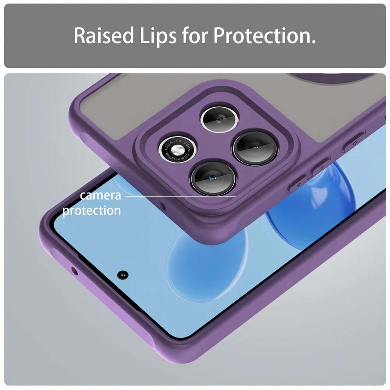 Paarse telefoonhoes met camerabescherming. De hoes zit over een telefoon met een blauw scherm. Tekst zegt 'Verhoogde lippen voor bescherming'.