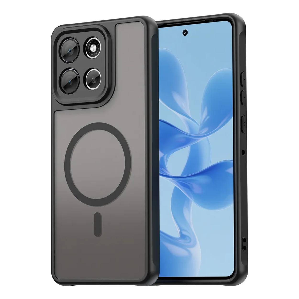 Un téléphone dans un étui gris. L'étui a un anneau magnétique. L'écran affiche des formes abstraites bleues et blanches. Les boutons sont sur le côté.