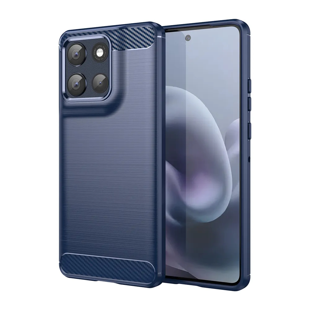 Coque de téléphone bleue avec dos texturé et accents en fibre de carbone. L'écran du téléphone est visible. Quatre lentilles de caméra à l'arrière.