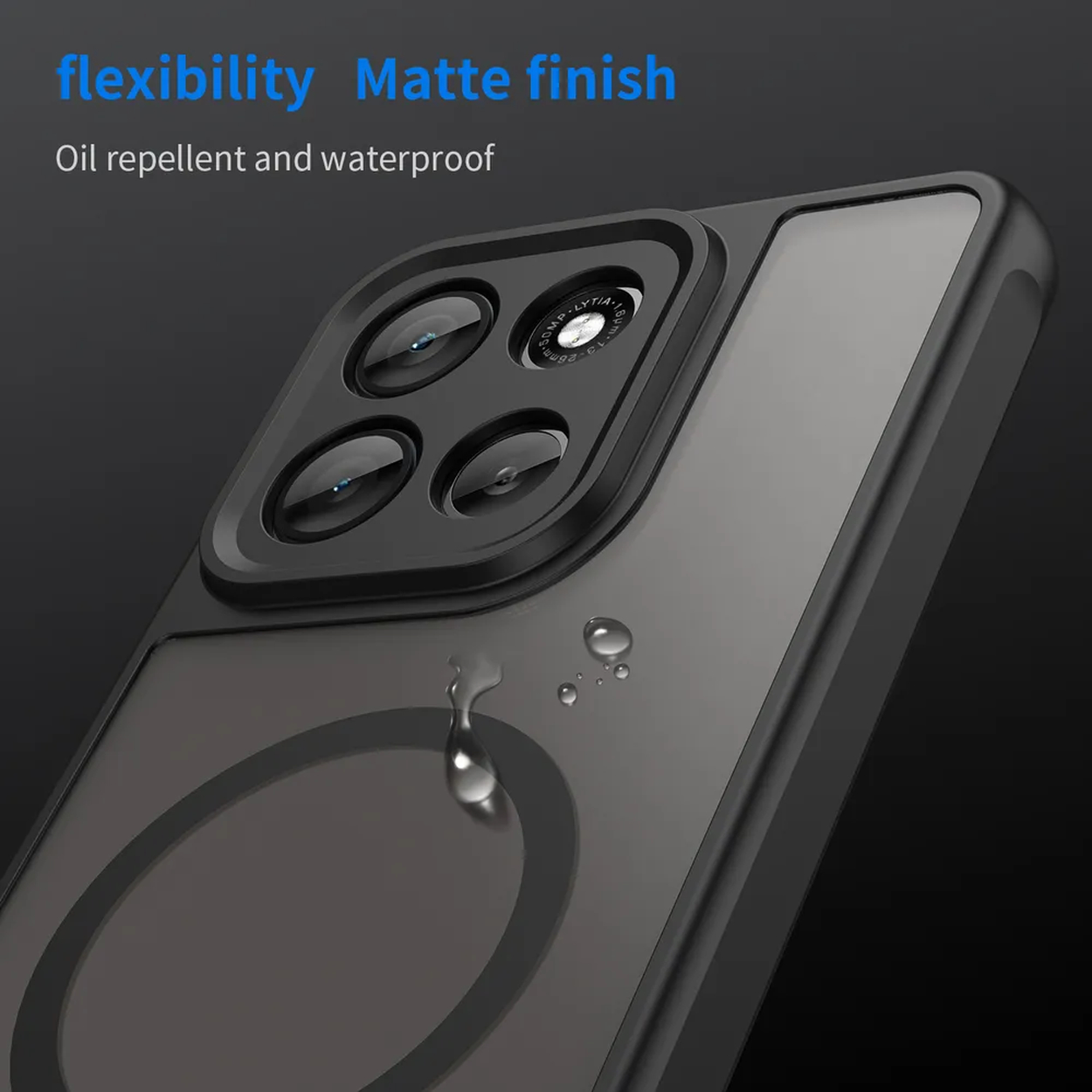 Gros plan sur une coque de téléphone avec quatre objectifs. Le texte en haut indique 'flexibility', 'Matte finish' et 'Oil repellent and waterproof'.