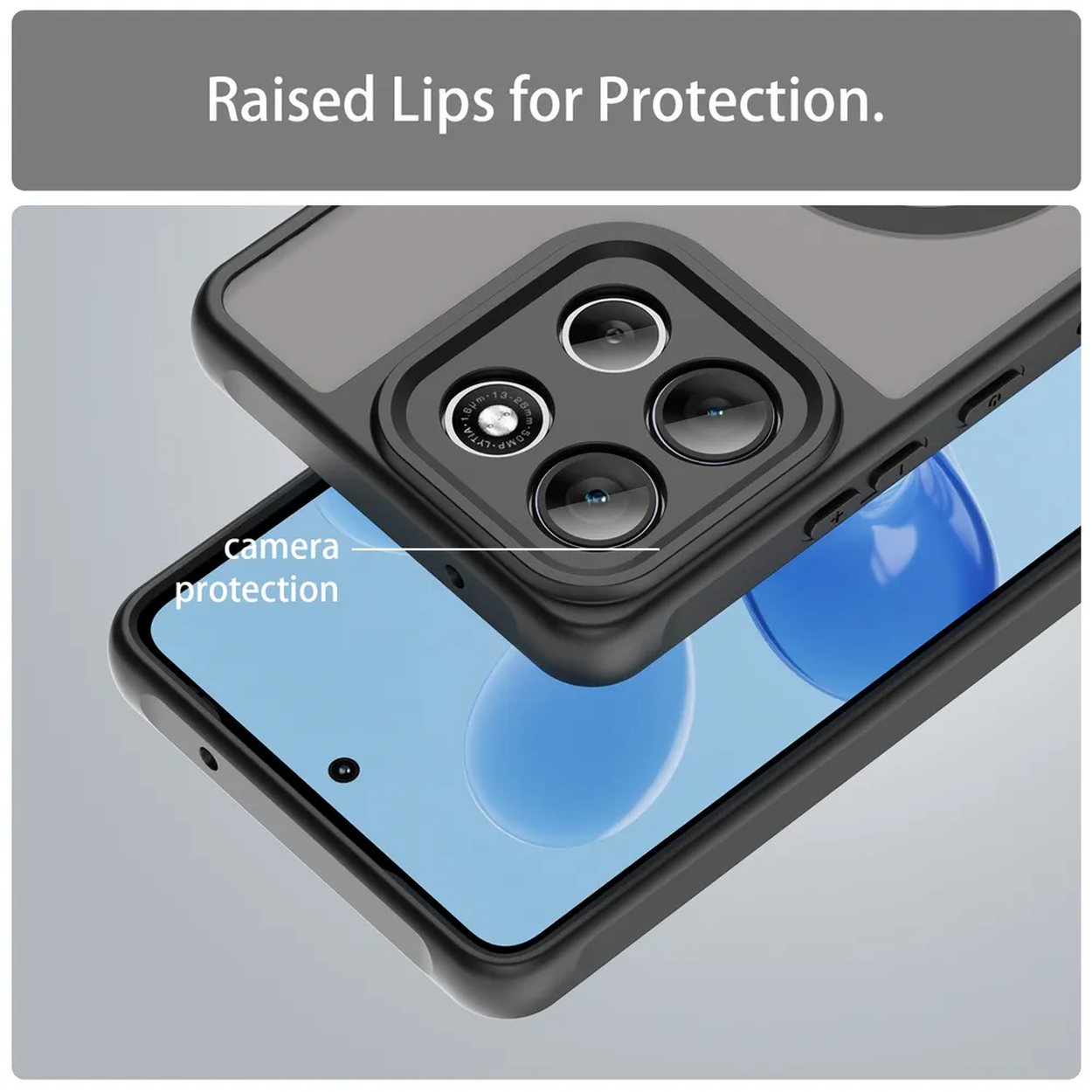 Gros plan d'un téléphone avec une coque de protection noire. La coque est conçue pour protéger l'appareil photo et les bords sont surélevés.