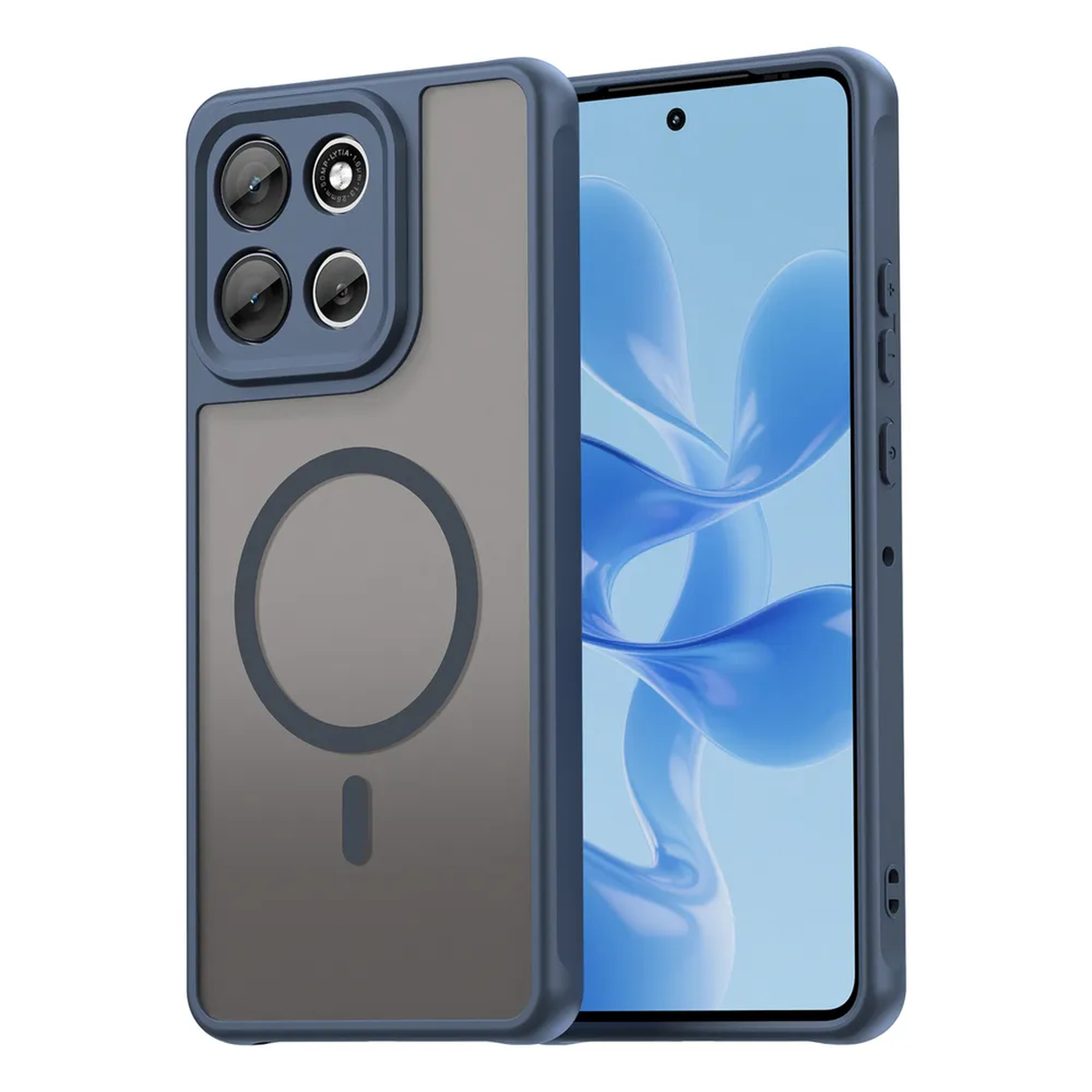 Een telefoonhoesje in blauw en grijs. De achterkant heeft een cameragedeelte met meerdere lenzen. Het scherm toont een blauw abstract ontwerp.