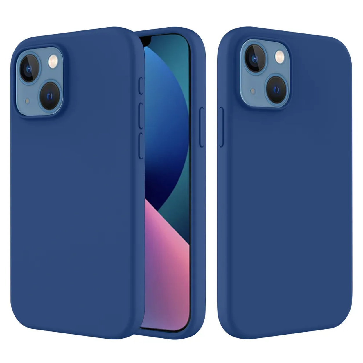 Drie blauwe telefoonhoesjes, één met het scherm zichtbaar. Het scherm toont blauwe en roze abstracte vormen.