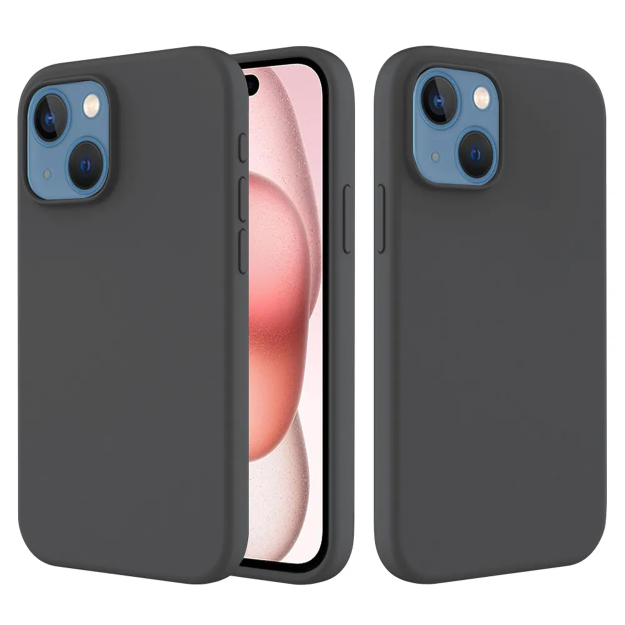 Drie donkergrijze telefoonhoesjes, één met een telefoon met een roze achtergrond. Elke hoes heeft een lichtblauwe cameramodule.
