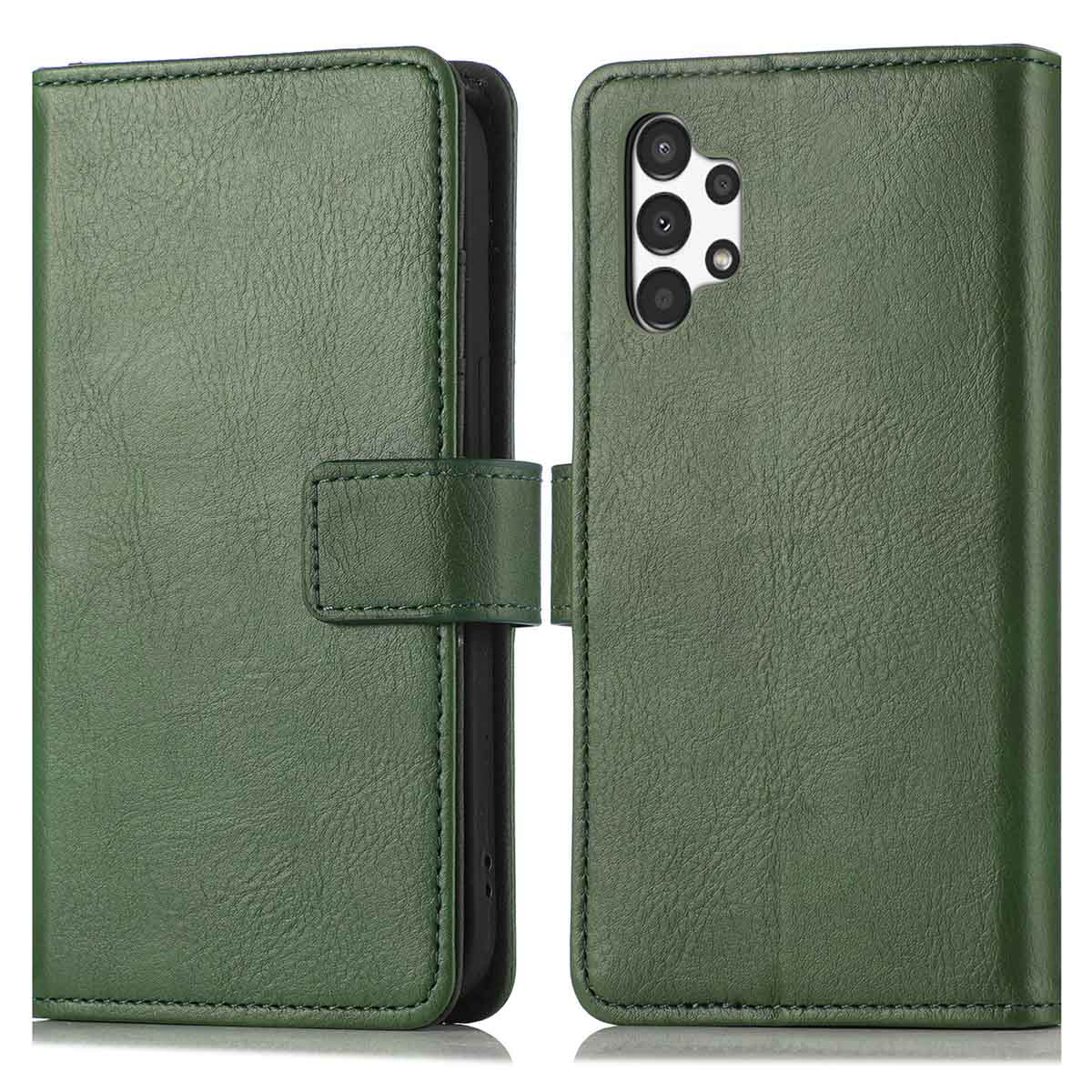 Een groene leren telefoonhoes, open om de telefoon te laten zien. De hoes heeft een magnetische sluiting en een getextureerd oppervlak.
