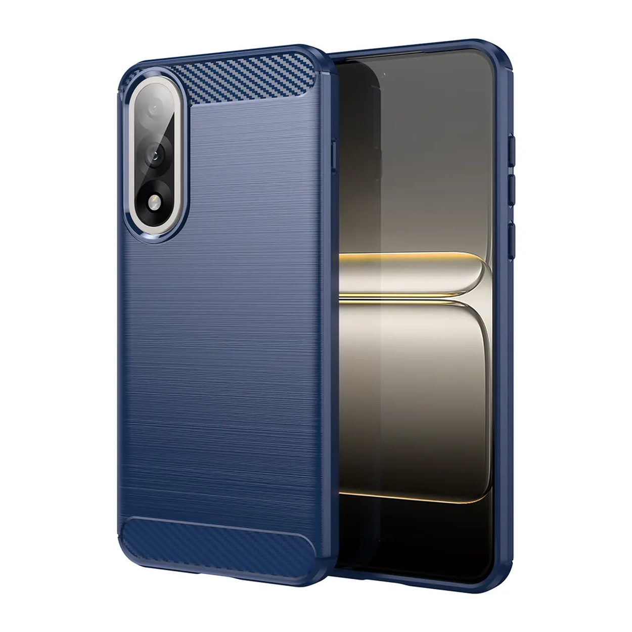 Een blauwe telefoonhoes met een getextureerd oppervlak en een telefoonscherm rechts. De hoes heeft een uitsparing voor de camera.