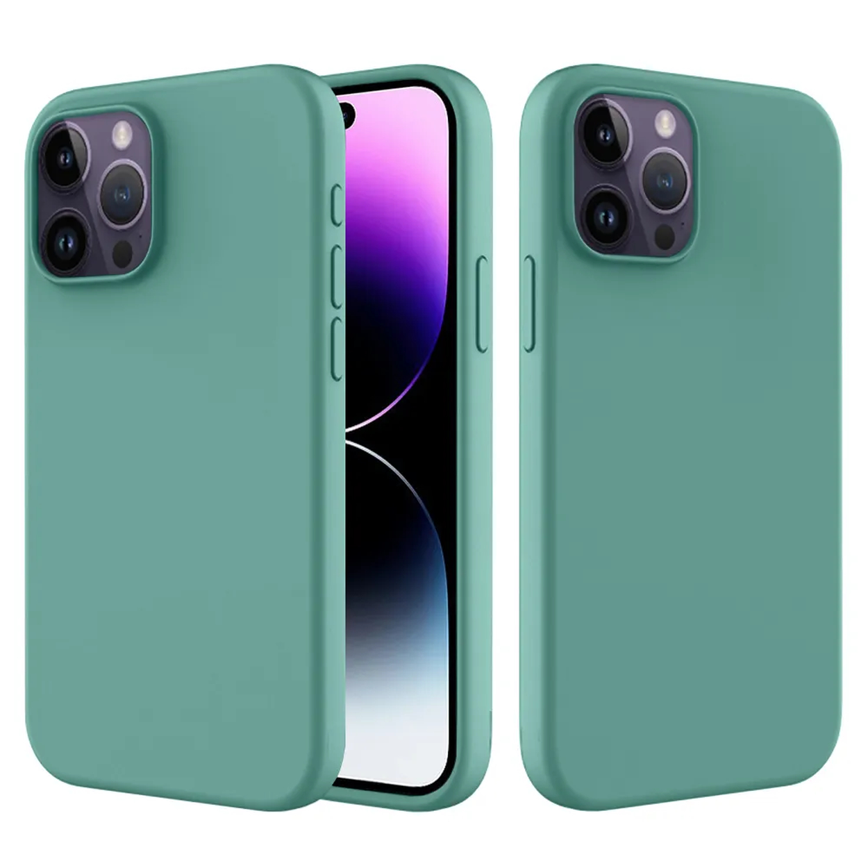 Drie teal telefoonhoesjes. Eén heeft een telefoon erin, met een zwart scherm met een paarse gradiënt. Allemaal hebben camerabulten.