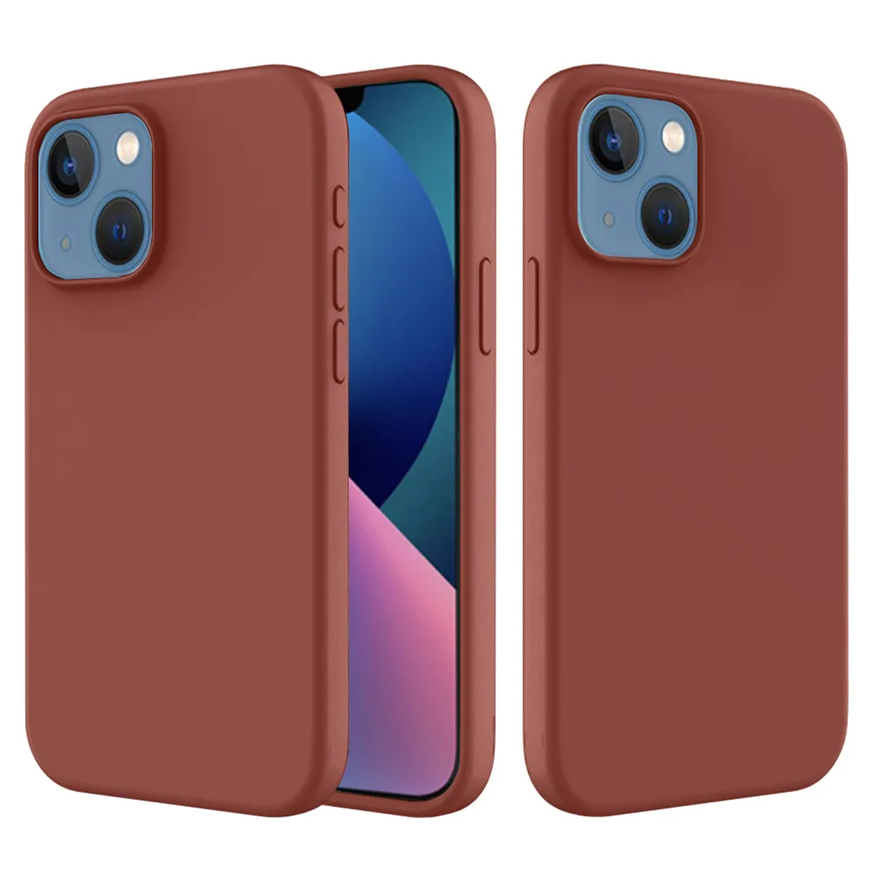 Drie bruine telefoonhoesjes, één met zichtbaar scherm. Blauw en roze scherm. Hoesjes hebben camera-uitsparingen en zijknoppen.